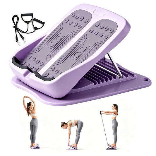 9-Level Adjustable Slant Board for Calf Stretching, Incline Board with 2 Resistance Bands, Portable Calf Stretcher for Exercise & Physical Therapy Equipment (Purple)