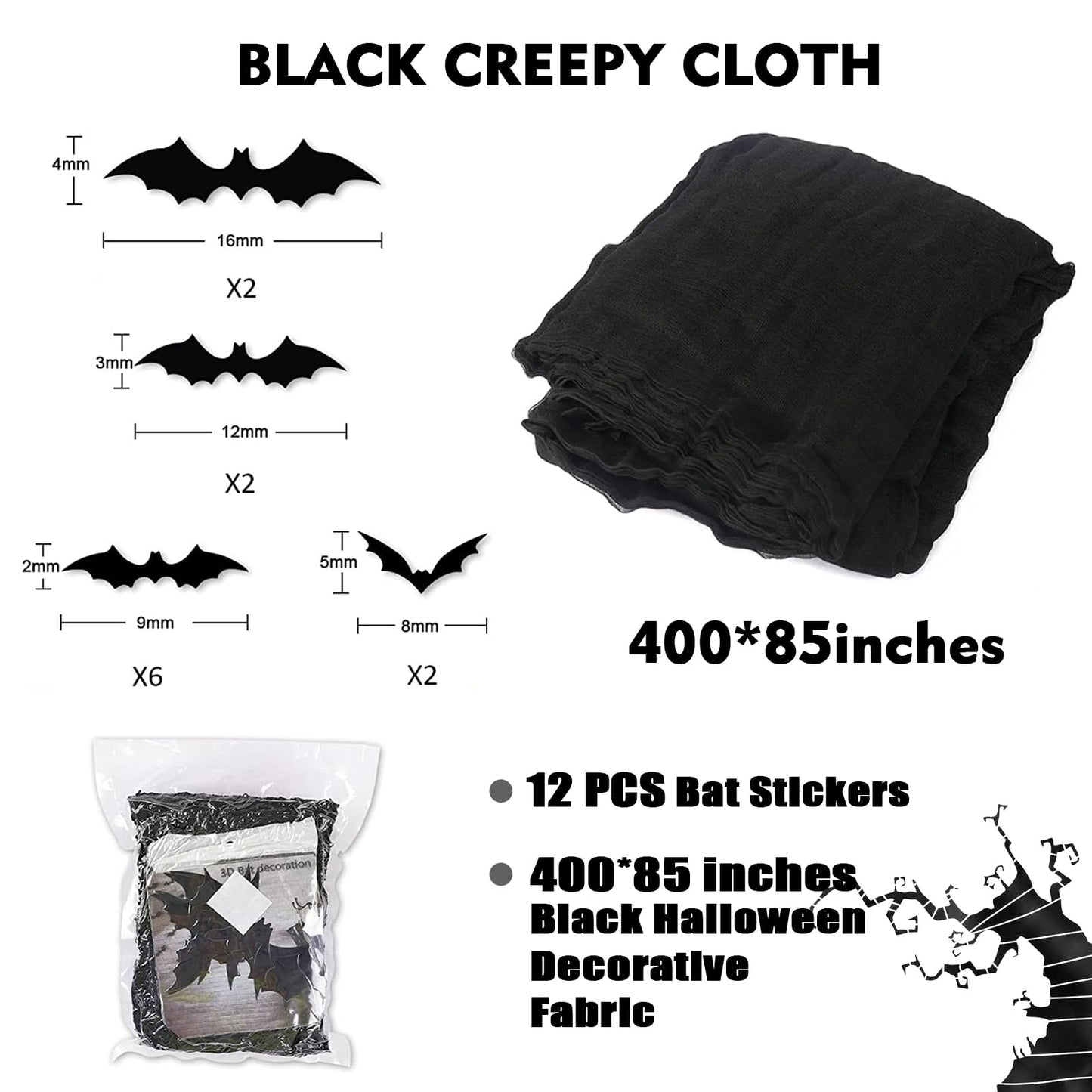 SHIYOUO 400" x 85" Halloween Black Creepy Cloth, Large Size Spooky Gauze Fabric, Halloween Scary Decoration for Haunted Houses Party Supplies Indoor Outdoor-Black 400" x 85"