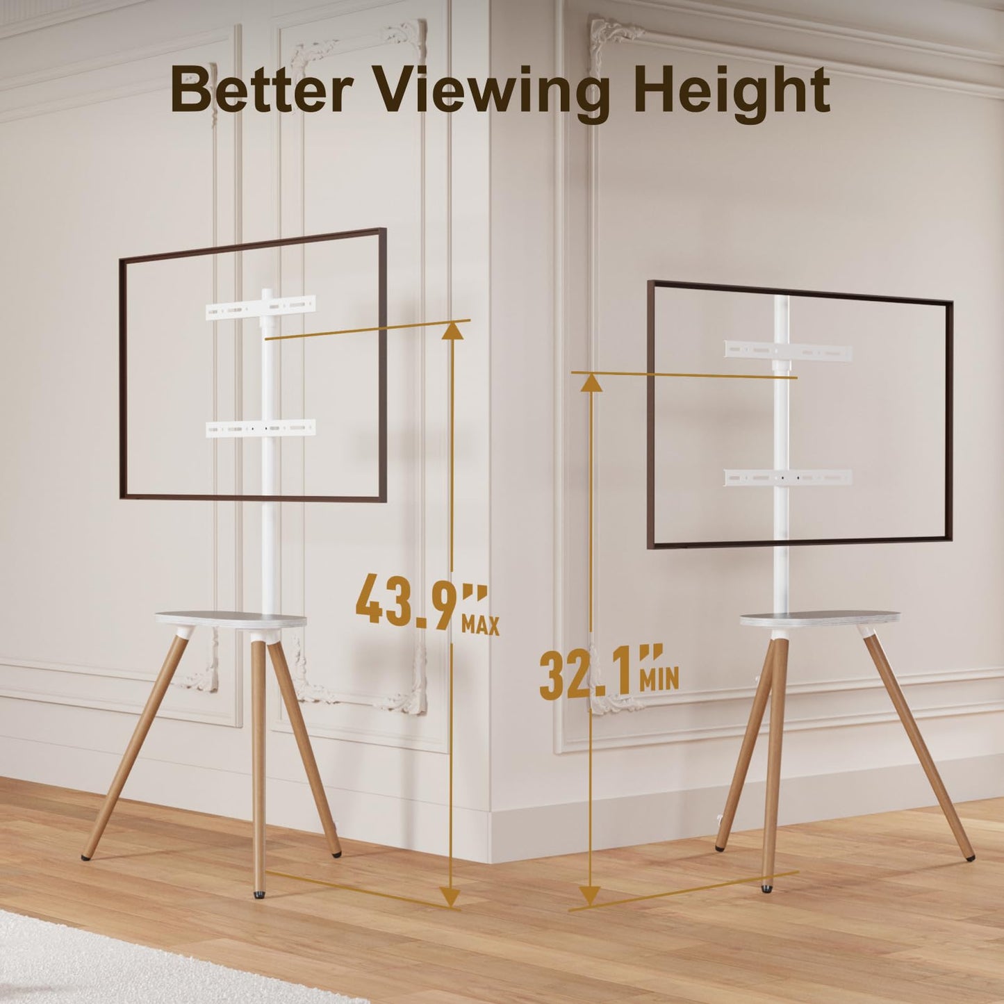 ECOTINY Tripod Easel TV Stand for 43–65 Inch TVs, Height Adjustable Swivel Floor Stand with Wooden Tray and Cable Management, VESA 400x400, Minimalist White
