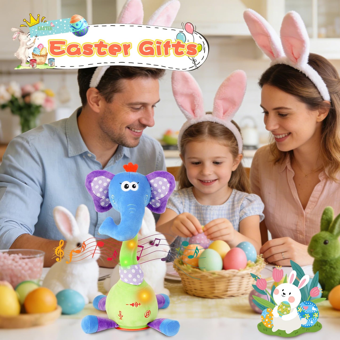 LLUKEME Dancing Talking Elephant Toy, Stuffed Animal Baby Toy Repeating What You Say, Easter Toys for Kids Glowing Musical Electronic with Wiggly Trunk Gifts for Toddlers 1-3 Years Old