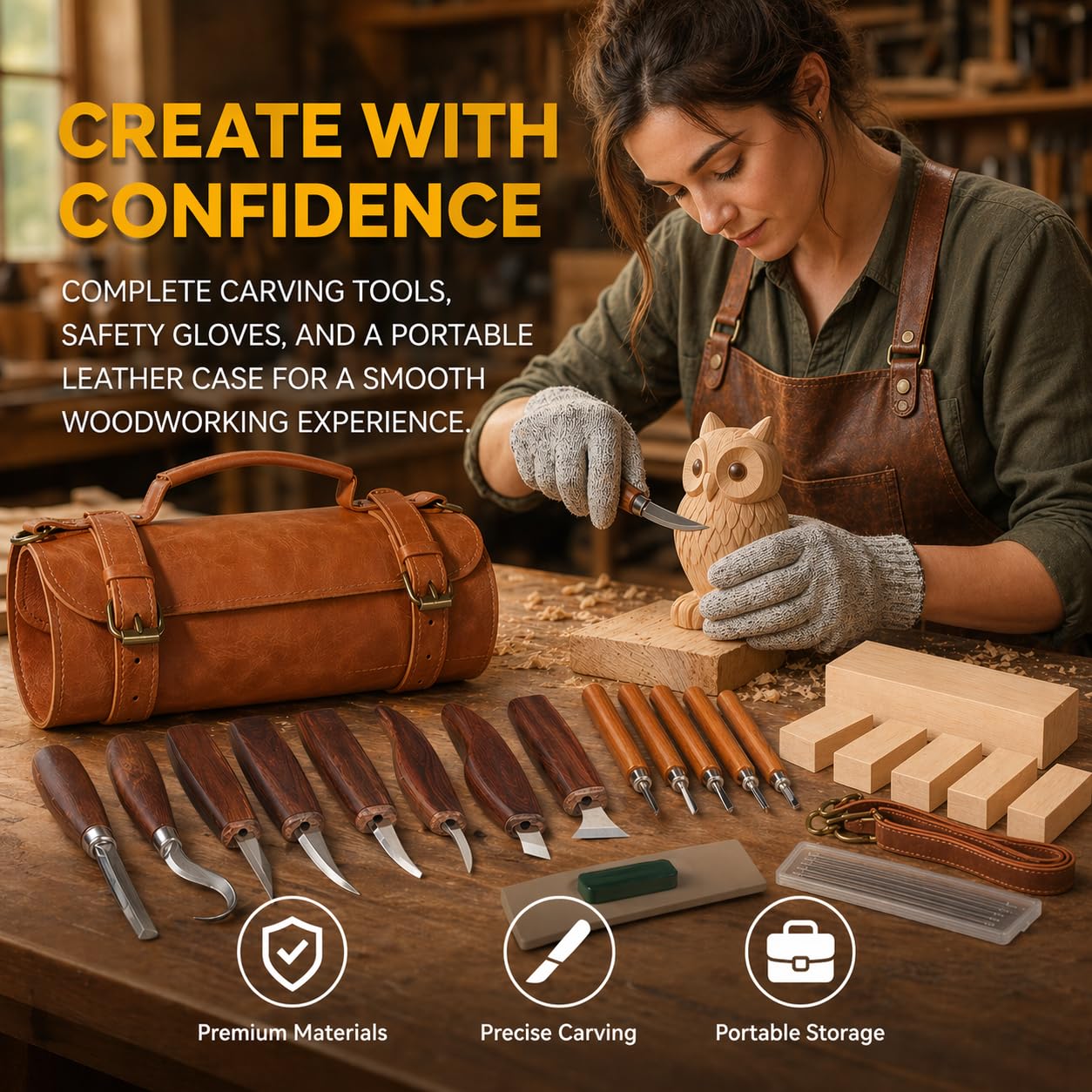 Deluxe Wood Carving Kit, 26Pcs Whittling Tools with 6 Basswood Blocks & Leather Case, High-Carbon Steel Knives, Safety Gloves, Woodworking Set for Beginners Adults DIY Craft Gifts