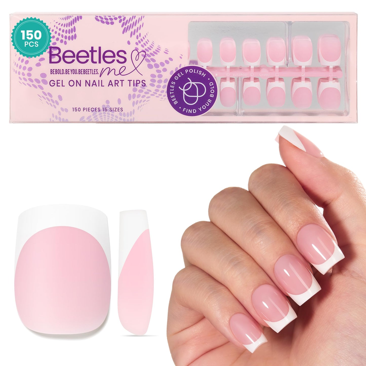 Beetles French Tip Press On Nails: 150 Pcs Pink Short Square Press On Nails 4 in 1 Nail Tips, Pre-Applied Primer & Base Coat, No File Need DIY Manicure for Nail Extension Gifts for Women