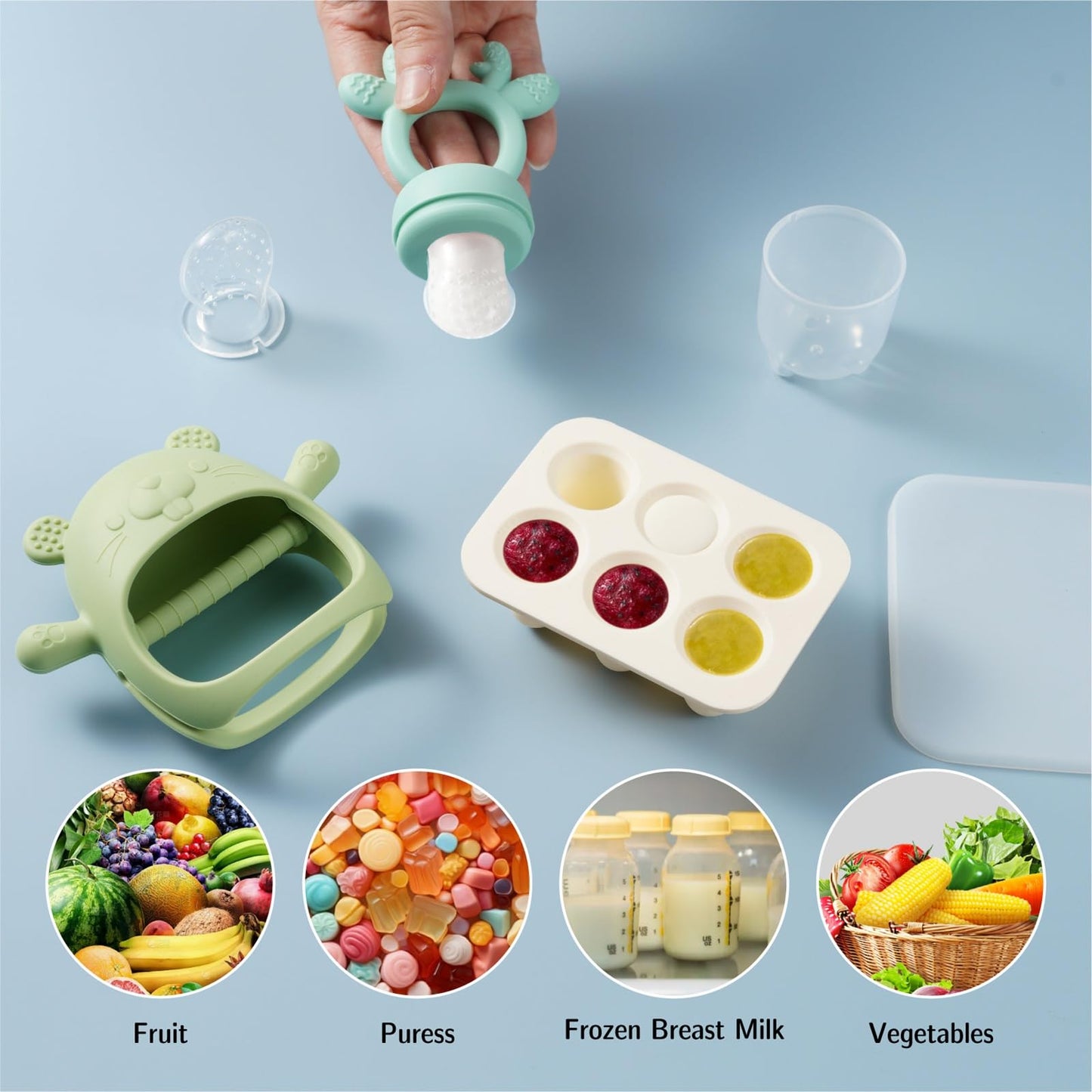 Baby Fruit Feeder with Popsicle Mold Cute Teething Toys Silicone Teethers for Babies 3-12 Months for Baby Feeding Gift (GreenB)