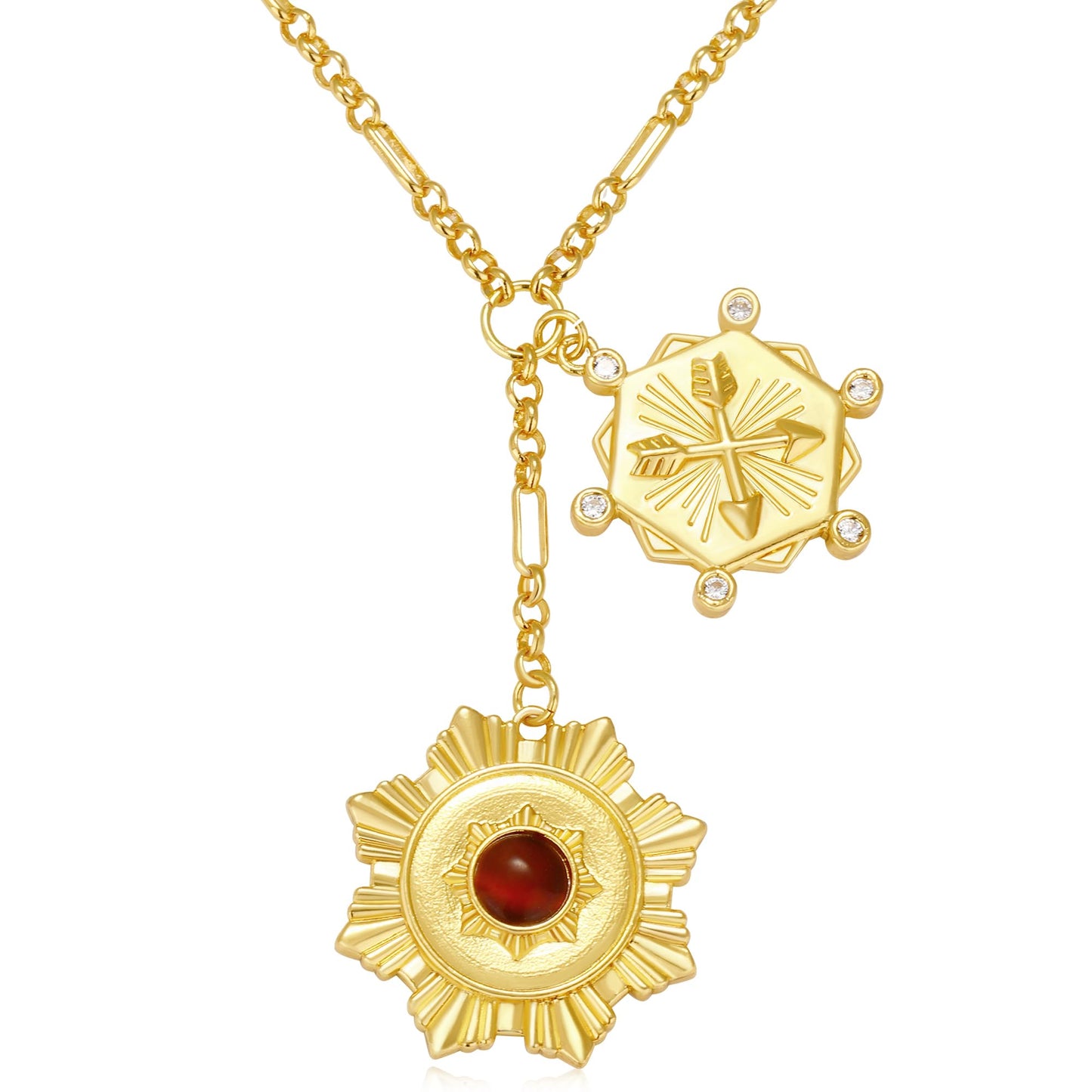 BONJOULRY Chunky Gold Flower Sun Coin Charm Pendant Necklace with Tiger Eye Bead for Women 18K Gold Plated Dainty Link Chain Choker Necklaces Trendy Celestial Jewelry Holiday Gift