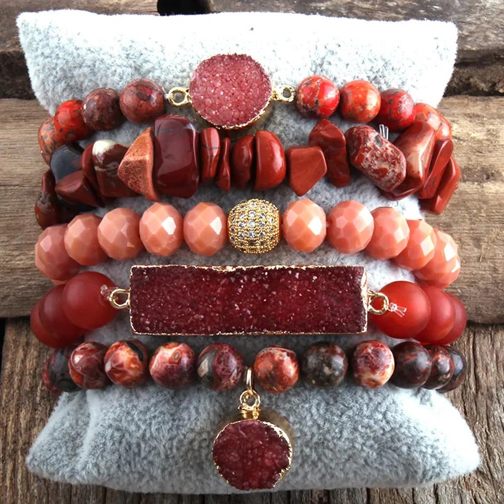 Yomisa 5PCS Natural Boho Beaded Bracelets for Women Men,Healing Turquoise Jasper Agate Crystal Gemstone Stone Diamond Chakra Multilayer Wrap Bohemian Handmade Jewelry Beads Stretch Bracelet Set
