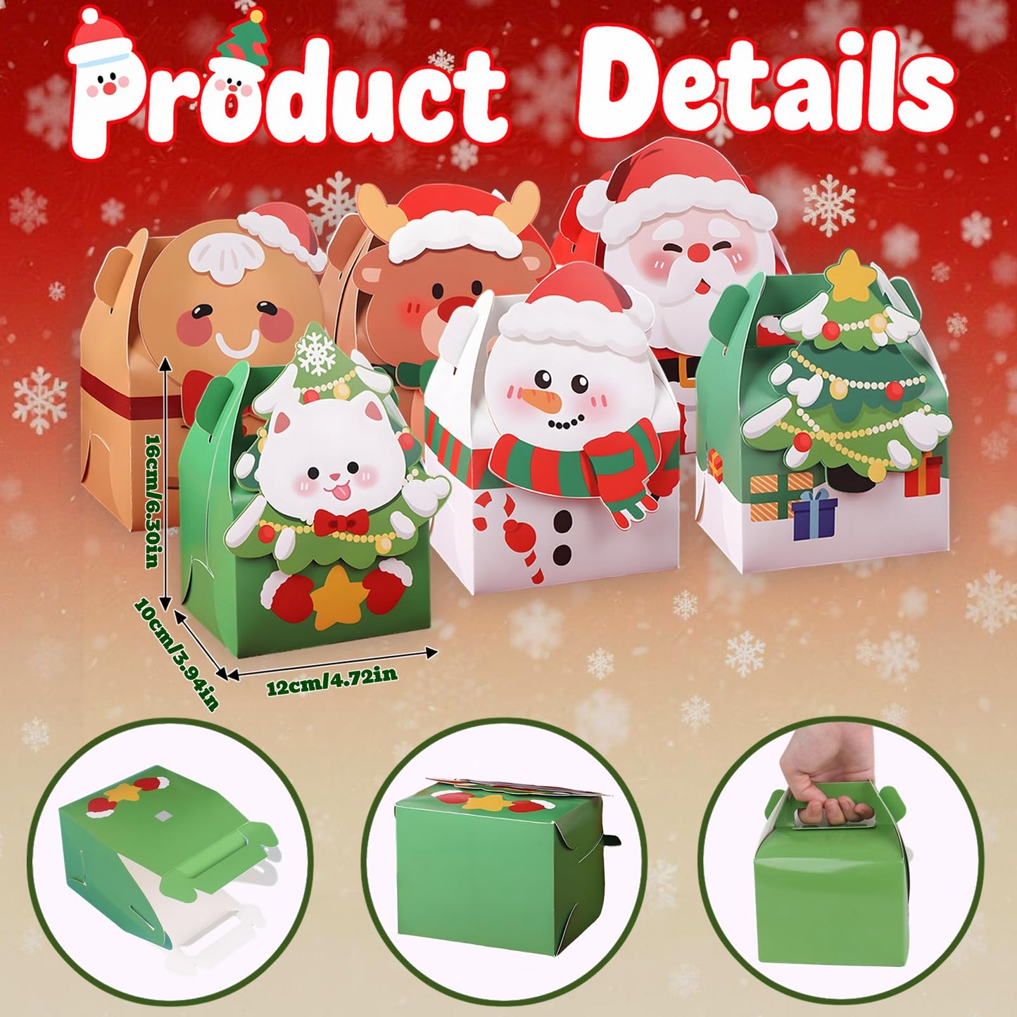 Muswarm 24 PCS Christmas Small Gift Boxes, Xmas 3D Cartoon Paper Boxes for Presents with Handles, Candy Treat Cookie Box, School Classroom Holiday Party Favor Supplies, 6 Designs