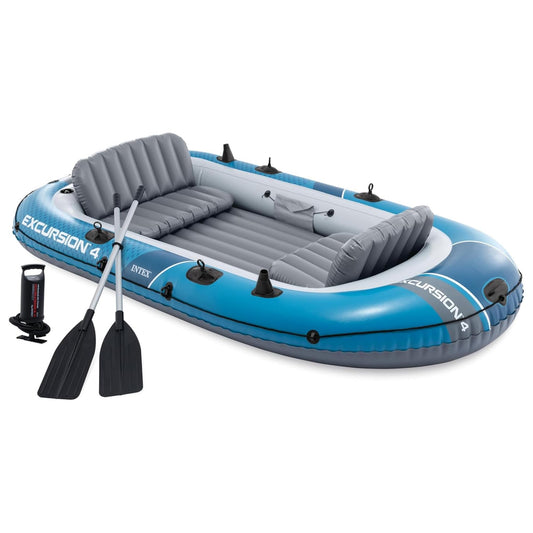 INTEX 66324EP Excursion 4 Inflatable Boat Set: Includes Deluxe 54in Aluminum Oars and High-Output Pump – Adjustable Seats with Backrest – Fishing Rod Holders – 4-Person – 1100lb Weight Capacity