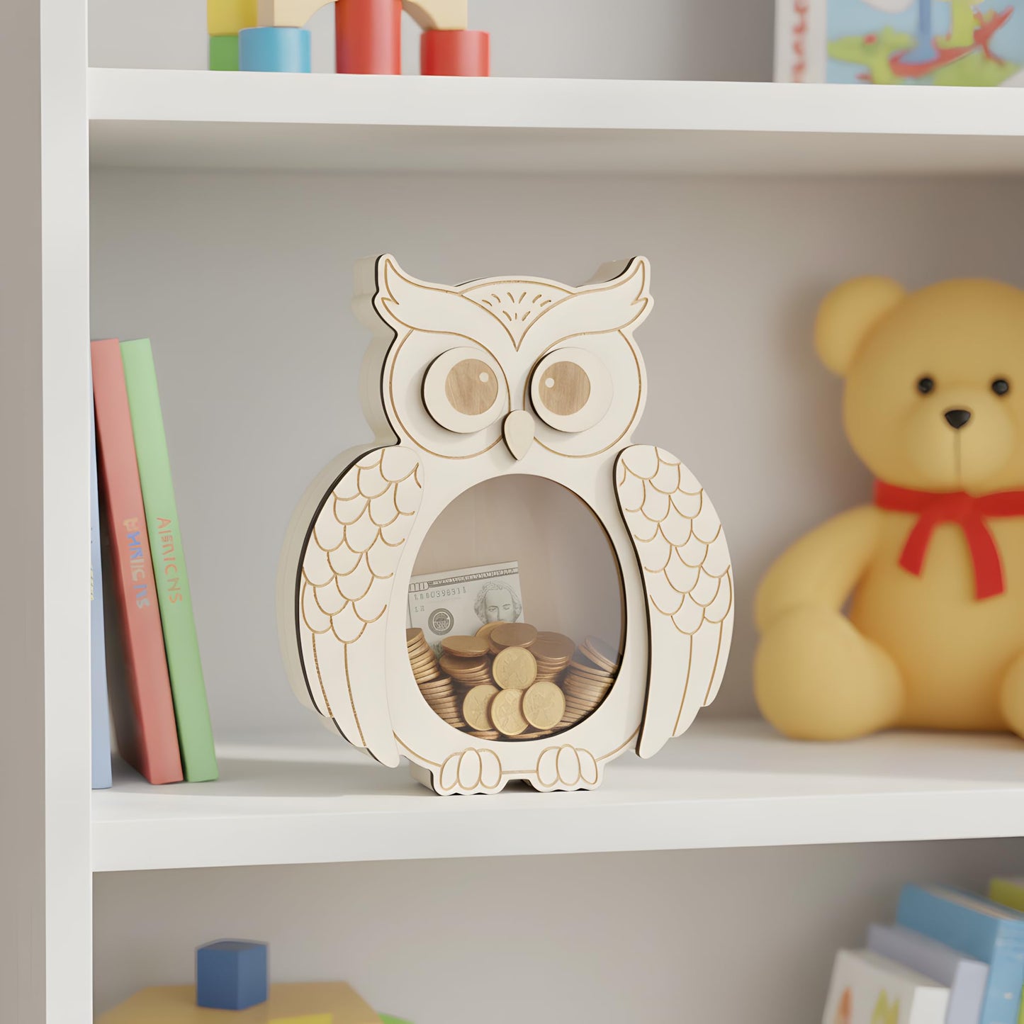 Owl Piggy Bank for Kids, Paint Your Own DIY Owl Bank with Clear Window, Wooden Savings Box for Coins and Bills, Room Decor Gift