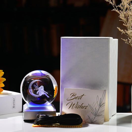 Crystal Ball 3D Engraved Fairy & Moon Gifts for Daughter Wife Glass Sphere with LED Colorful Base 3.15‘’ Gifts Ideas on Birthday Christmas for Women Fairy Lover Home Decor Figurine