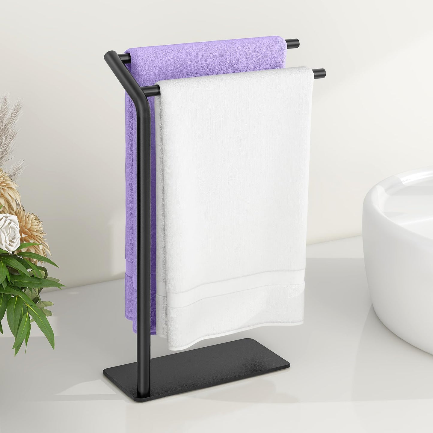 LSK Hand Towel Stand, Black Bathroom Towel Holder Stand, Curved F-Shaped Countertop Towel Stand with Heavy Base, 16.6 Inch