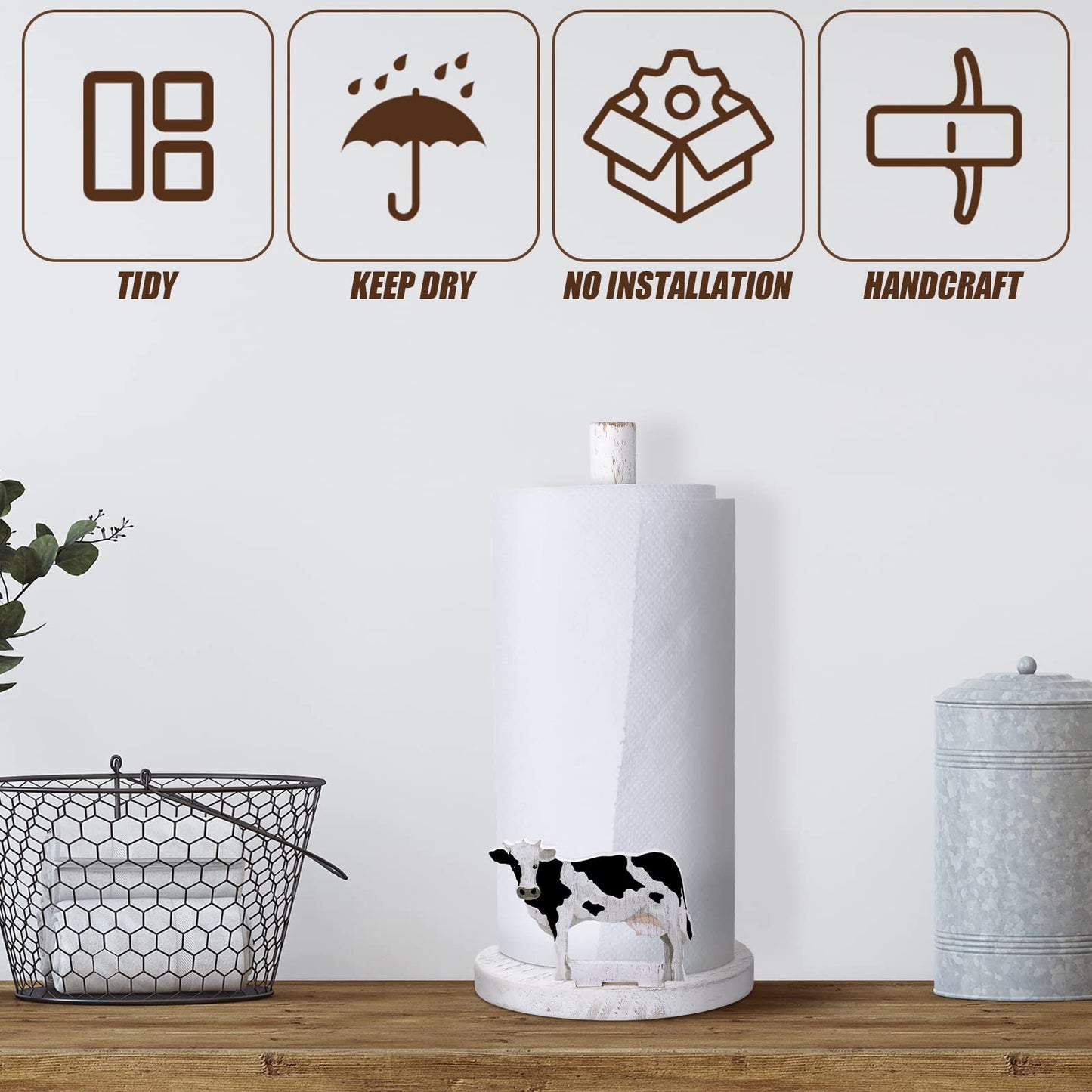 Yetene Cow Paper Towel Holder Wooden Farmhouse Paper Towel Holder Countertop Cow Kitchen Accessories Farm Bathroom Table Decor Gifts