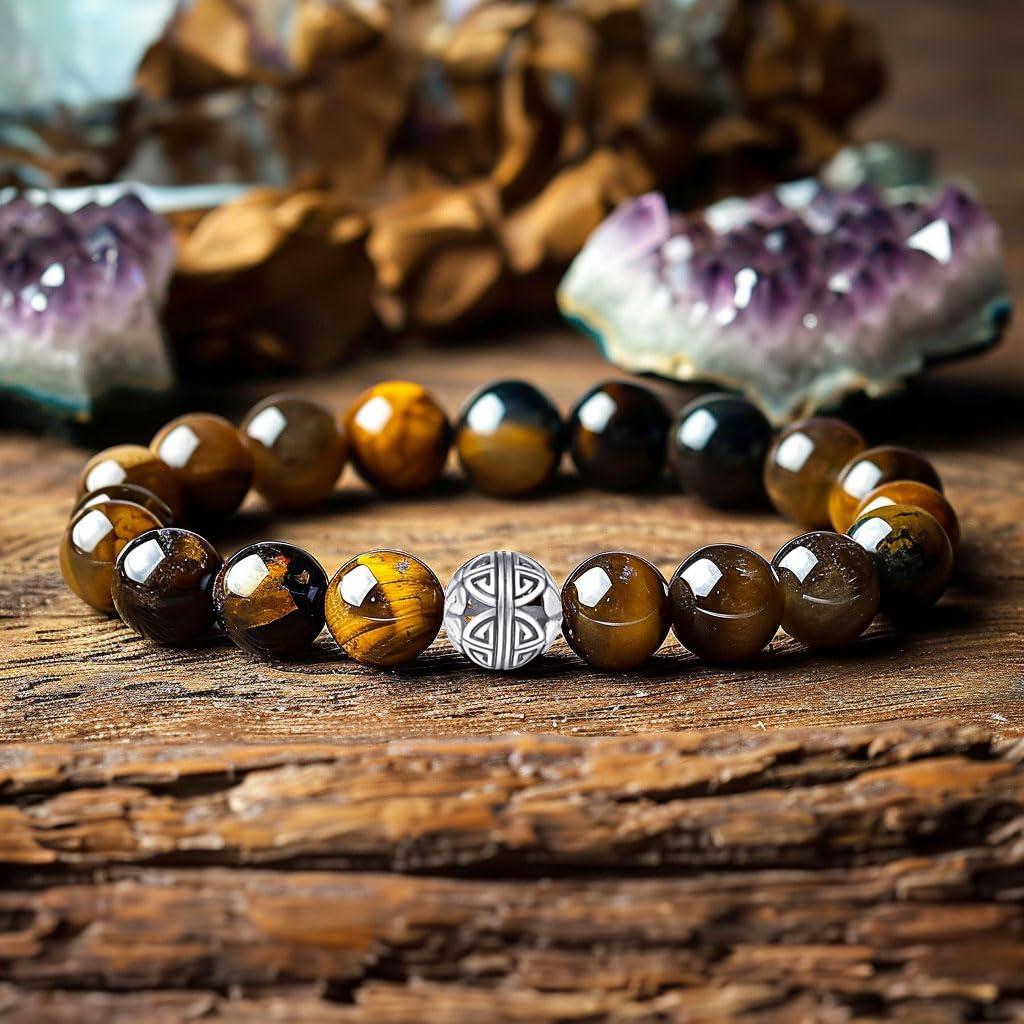 MetJakt Healing Crystals Beaded Bracelets for Womens Natural Gemstone 8mm Beads Stretch Bracelets with 925 Sterling Silver Double Happiness Pendant (Tiger Eye)