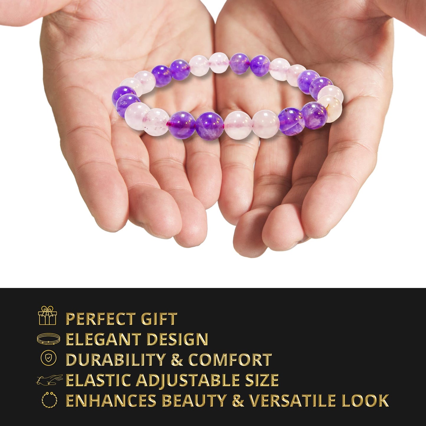 ANAYA AGATE Amethyst, Rose Quartz Bracelet, Natural Healing Crystal Bracelet for Women and Men, 8mm Round Beaded Bracelet for Spiritual, Protection, Positive Energy, Elastic Adjustable Size Gemstone Bead Bracelet