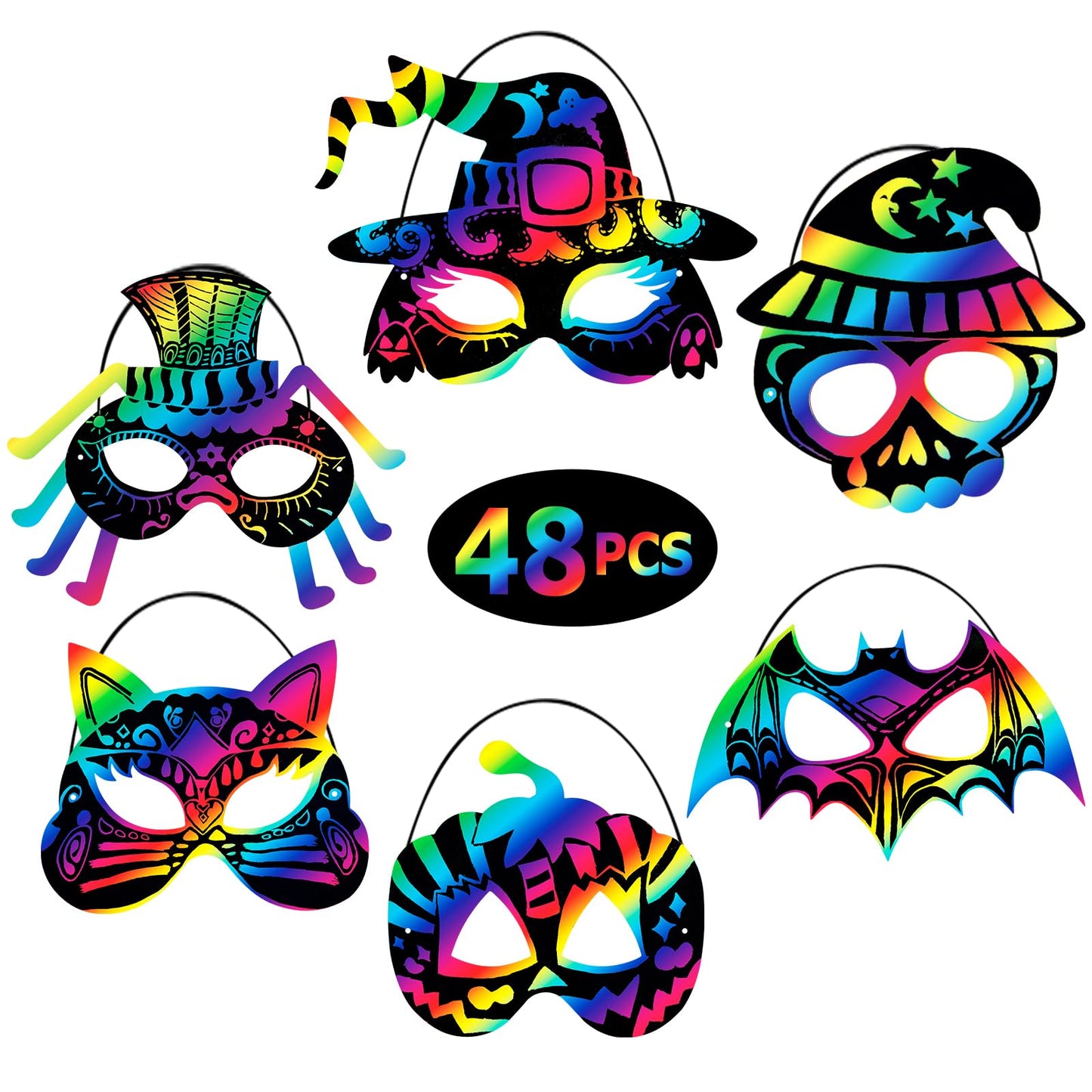 Max Fun 48PCS Halloween Crafts for Kids Kit, Rainbow Scratch Art and Crafts Mask, Birthday Cosplay Classroom Decoration, Magic Scratch Paper Halloween Party Favors Supplies Bat Witch Pumpkin Zombie
