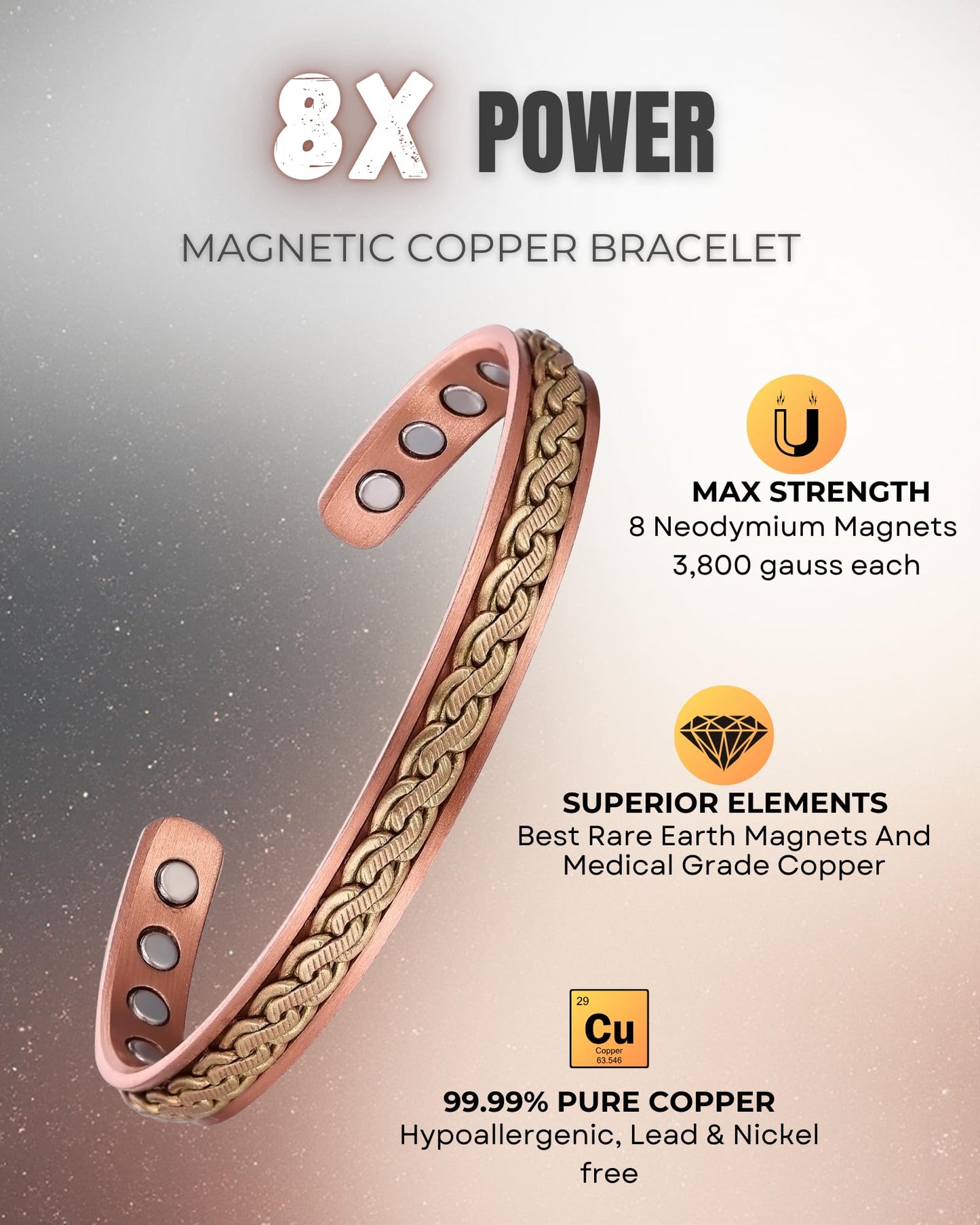 WestLuna Magnetic Copper Bracelet for Women, 8X Ultra Strength Magnetic Bracelets with 3,800 Gauss Magnets, 99.99% Pure Copper Health Jewelry Gift, Includes Gift Box, Jewelry Cloth, Blank Blessing Card (Woven Inlay)