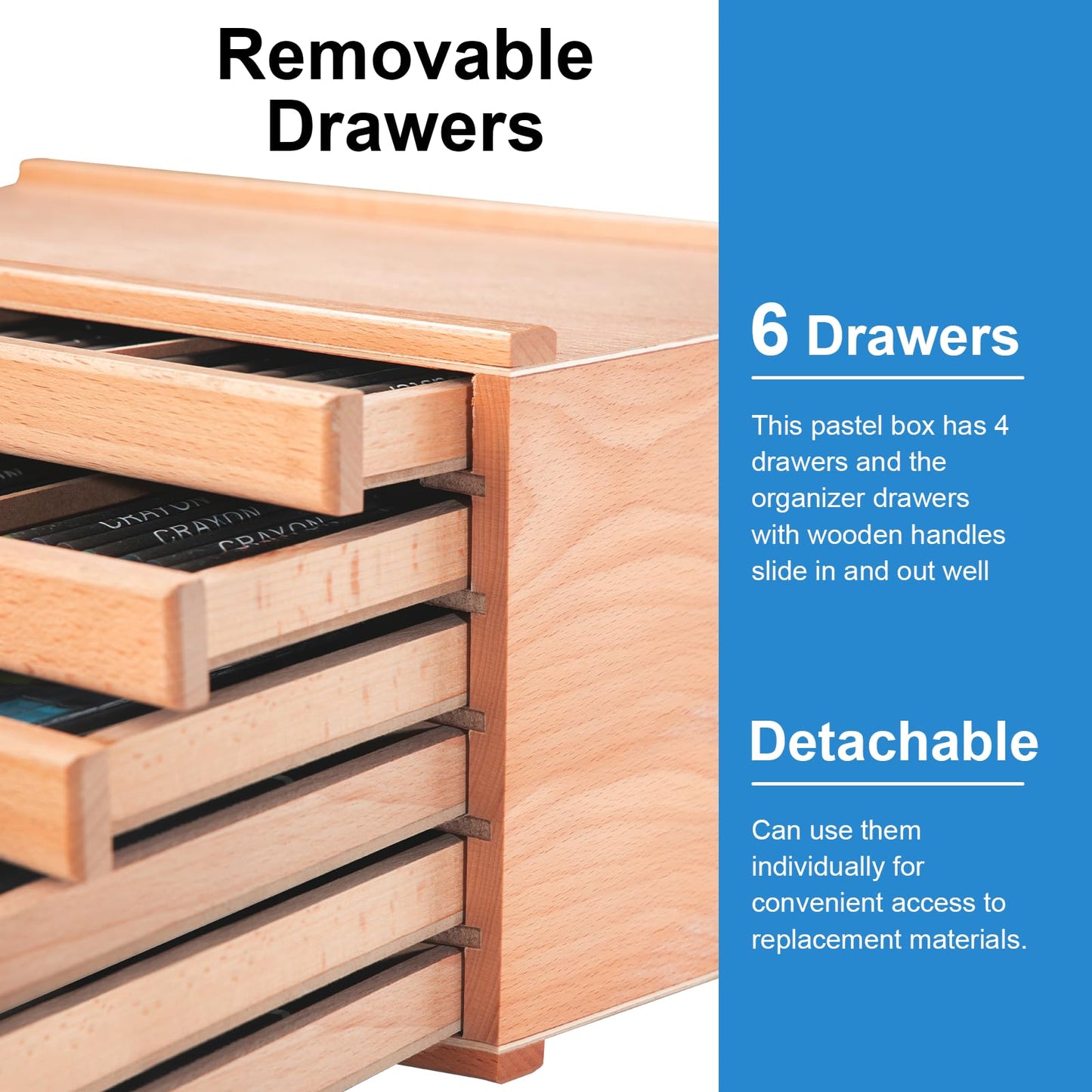 Falling in Art 6 Drawer Artist Supply Storage Box, Wooden Pastel Storage Box, Portable Organizer Box for Pastels, Pencils, Markers, Brushes and Art Supplies