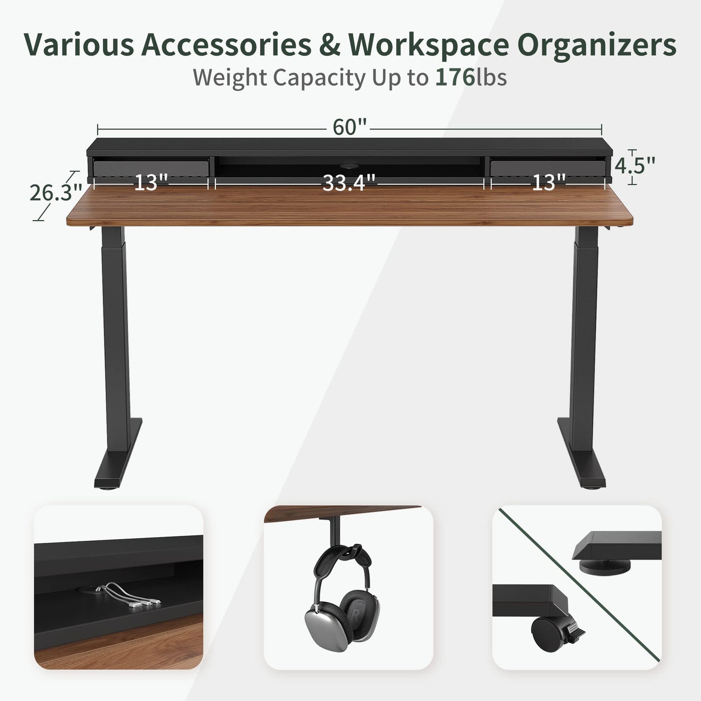 FEZIBO 60 x 24 Inch Height Adjustable Electric Standing Desk with Double Drawers, Stand Up Desk with LED Strips, Sit Stand Desk with Monitor Stand, Black Walnut