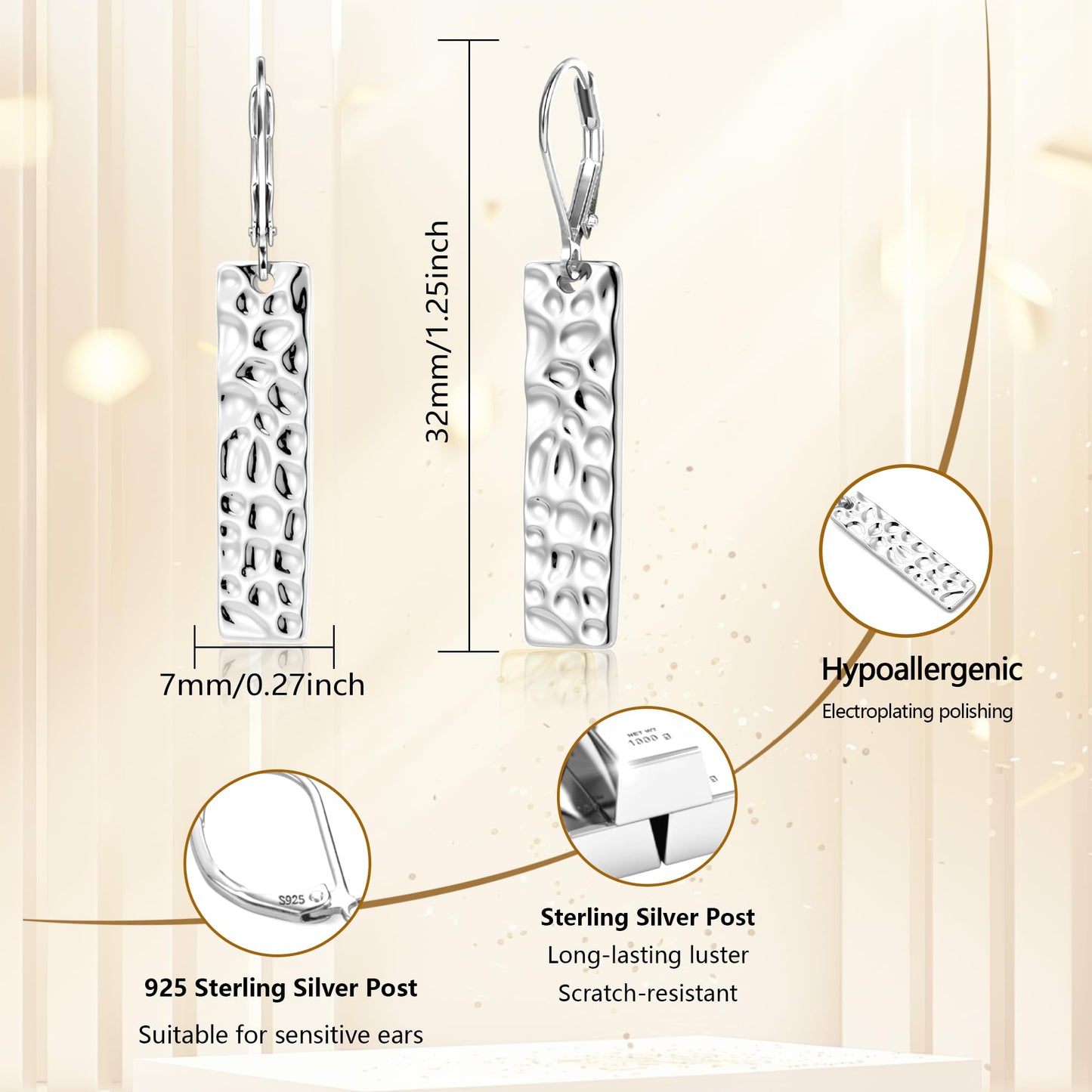 ALEXCRAFT 925 Sterling Silver Dangle Drop Earrings for Women, Hypoallergenic Lightweight Trendy Sterling Silver French Hook Leverback Earrings Long Hammer Bar Drop Earing for Women Statement Jewelry