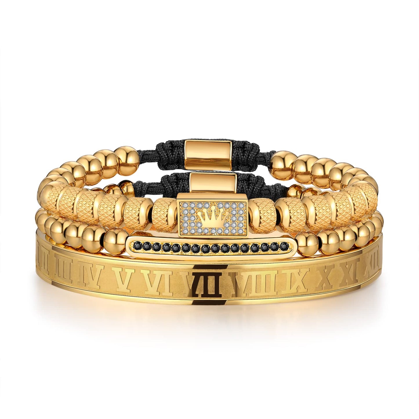 WFYOU 3PCS Stainless Steel Bracelets for Men Gold Roman Numeral Bangle Bracelet Twisted Cable Bracelet Adjustable Cuff Bracelet Mens Luxury Jewelry Bracelets Gifts(H:Gold)