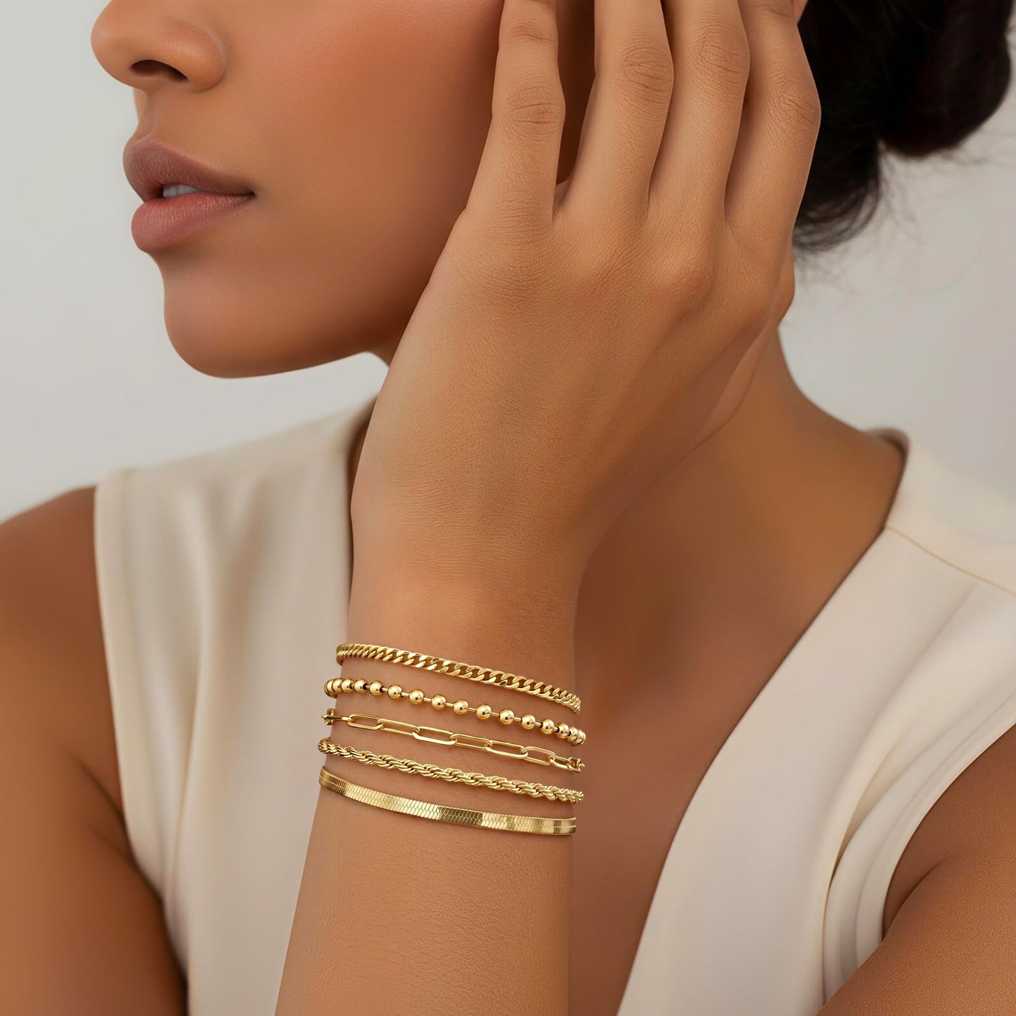 Gold Bracelets for Women Stack Non Tarnish, 14K Gold Plated Stackable Bracelets Set for Women Trendy, Waterproof Simple Jewelry Sets Gifts Inclued Beaded/Cuban/Paperclip/Herringbone/Rope Link Chian, Fashion Accessories