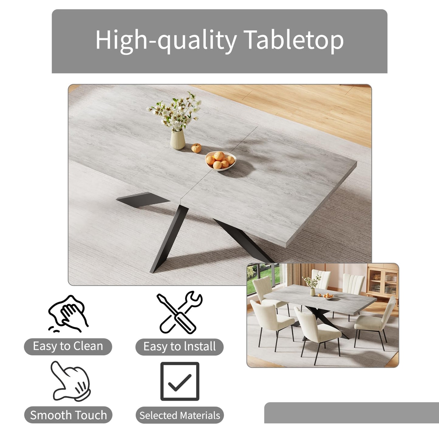 ZckyCine 6-Piece Extendable Dining Table Set, Modern 63''–79'' Grey Wood Table with 6 Grey Fabric Chairs, Dining Room Table and Chairs for 6, Ideal for Kitchen or Dining Room