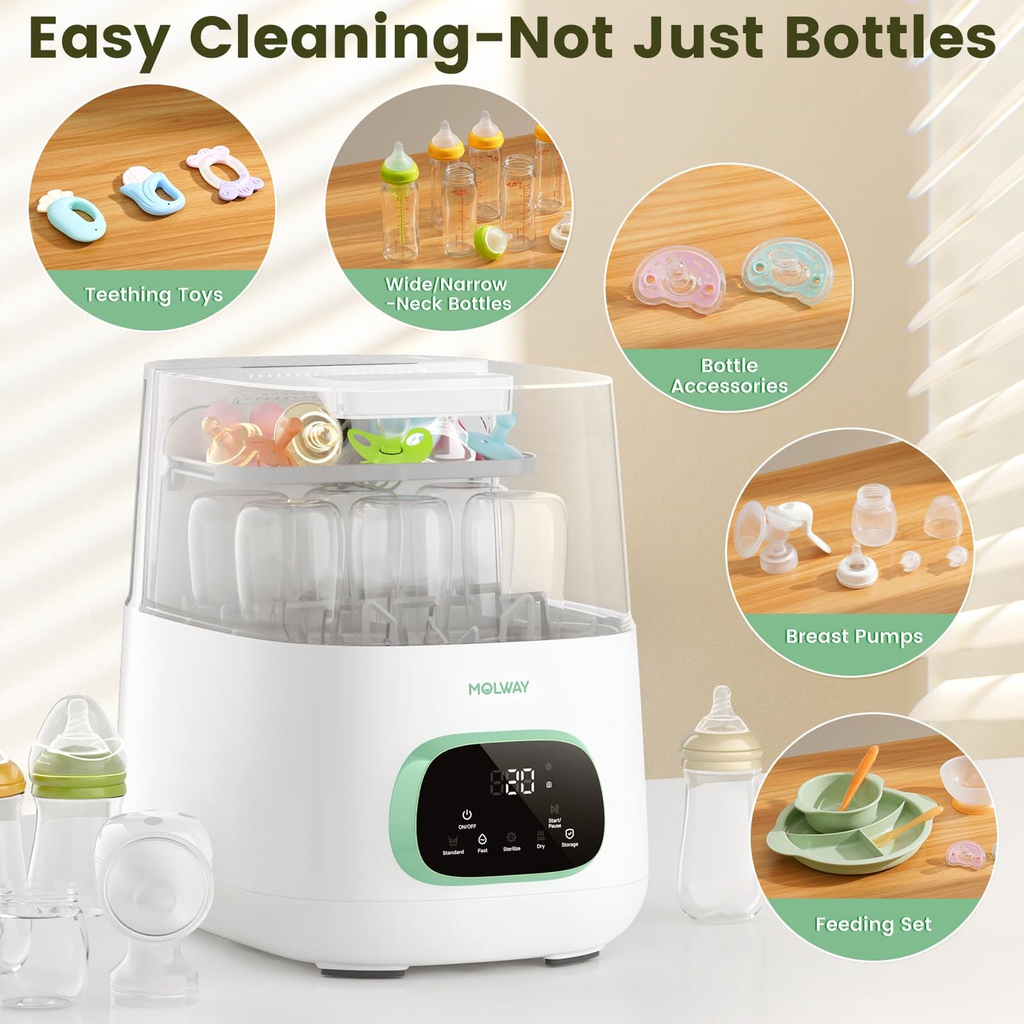 MOLWAY【Upgraded Baby Bottle Washer, Sterilizer and Dryer, All-in-One Pro Cleaning Machine for Bottles, Pump Parts & Baby Essentials, Effortless Care, Replaces Hand Washing