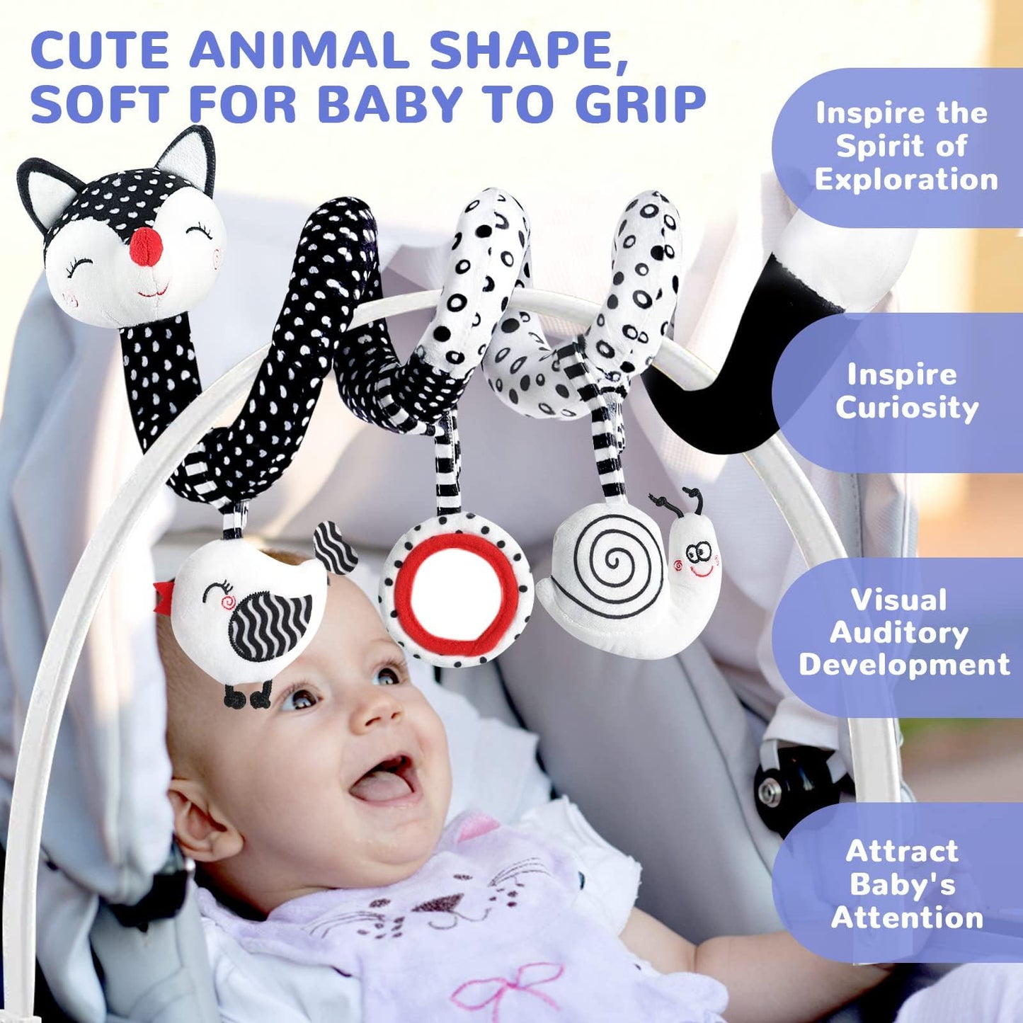XIXILAND Baby Spiral Plush Toys, Black and White Baby Car Seat Toys, High Contrast Infant Newborn Toy 0-6 Months for Stroller Crib Mobile, Sensory Toy Best Gift for 0 3 6 9 12 Months Boys Girls