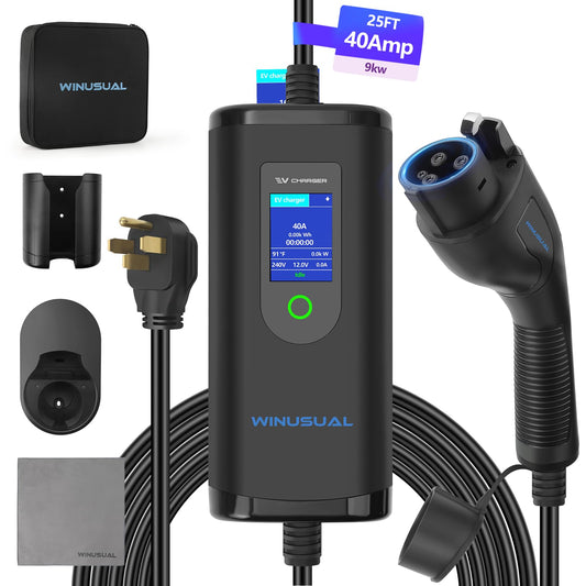 WINUSUAL Portable Level 2 EV Charger, Adjustable 40A Electric Car Charger J1772, 240V NEMA 14-50 Plug EVSE Home Charging Station with 25ft Cable and Carry Bag