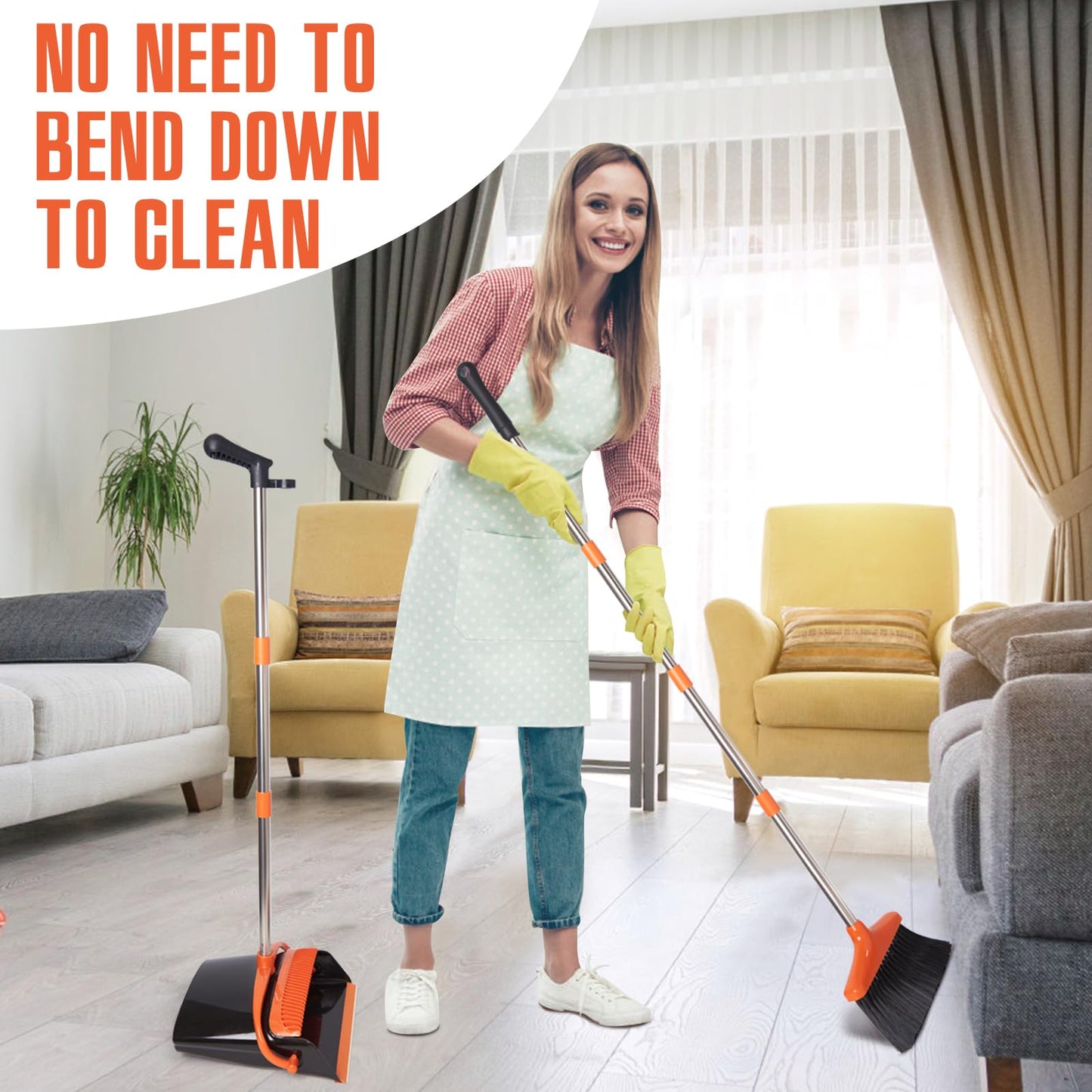 XXFLOWER Broom and Dustpan Set with Long Handle, Light Weight Stainless Steel Poles Stand Upright Dustpans with Broom Combo for Home Kitchen Office Pet Dog Hair, Black & Orange Color, 1-Pack