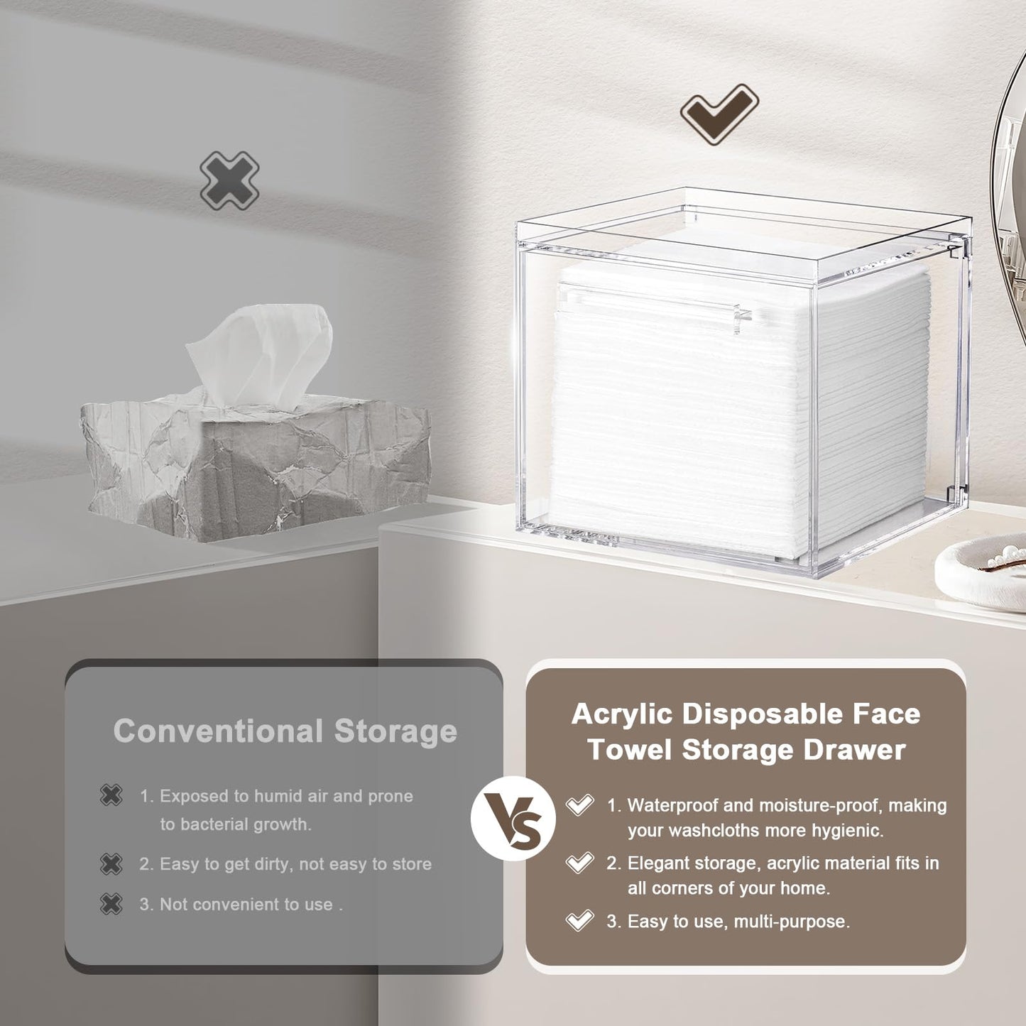 TAINESS Disposable Facial Towels Storage Box - Acrylic Container Compatible With Clean Skin Club Clean Towel XL - Wall-Mounted Makeup Organizer With Drawer Valentine's Day Gifts