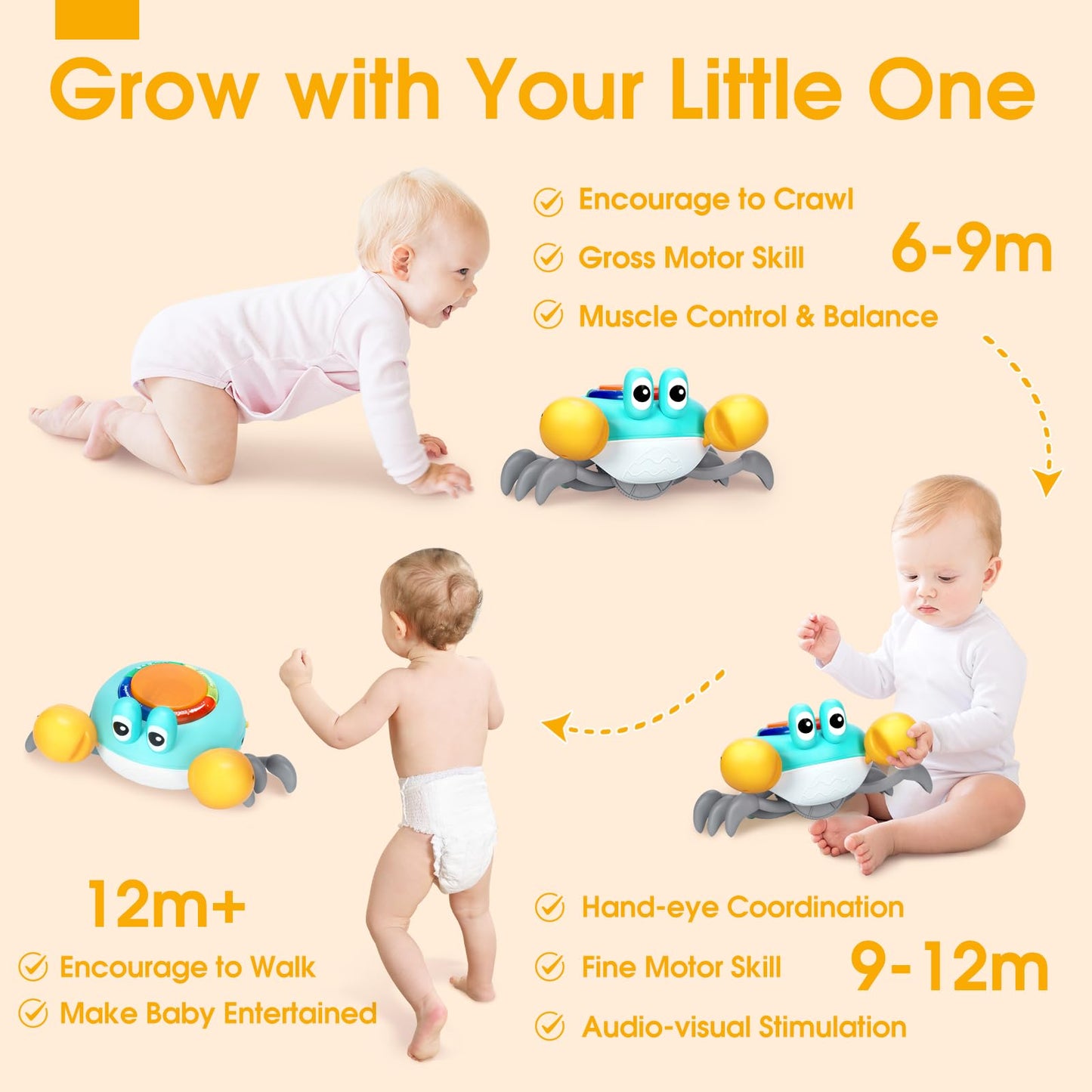 Musical Crawling Crab Baby Toy - Tummy Time Toys for 6-12 Months Boy Girl, Light-up Walking Crab Toys for 1 Year Old Baby Educational Learning, Crawly Crab Gift for 12-18 Months