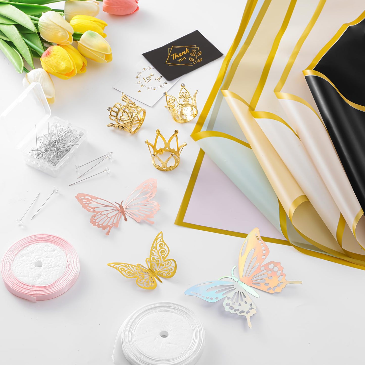 VinTS 167Pcs Floral Bouquet Wrapping Paper Waterproof Flower Wrapping Paper 66 Sheets 6 Colors with Ribbons 3D Butterfly,Golden Crowns for Valentines Florist DIY Project Bouquet Flower