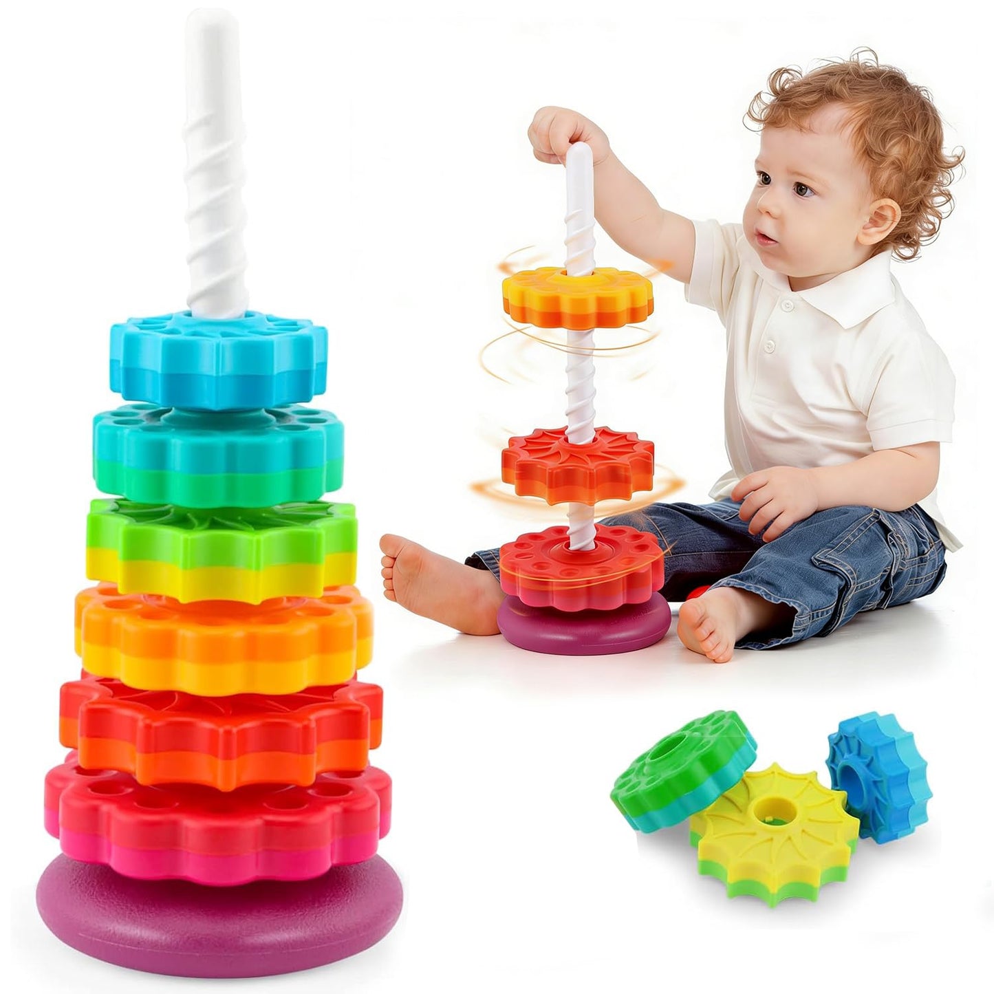 Eivaai Baby Spinning Stacking Toys Sensory Toys for Toddlers 1-3, Rainbow Ring Spin Montessori Toys for Babies 12 Months, Autism Learning Toy for 1 2 3 One Year Old Girl Boy Christmas Birthday Gifts