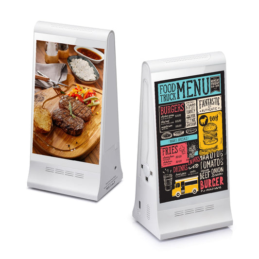 Digital Signage Display for Tabletop ,Interactive Digital Signage with Double 8 inch LCD Touch Screen and WIFI Connected,Rechargeable 23200mAh Battery,Portable Advertising Kiosk for Restaurants,Bar, Hotel ,Cafe (White)