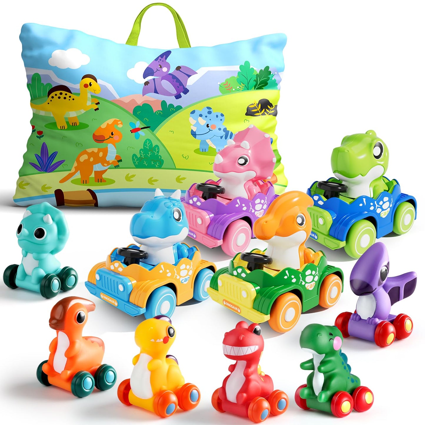 ALASOU 10 PCS Dinosaur Car Toys for 1 Year Old Boy with Playmat/Storage Bag|Baby Toys 1 Year Old Boy Gifts for Toddler Toys 1-2|1st Birthday Gift for Infant 12 18 Months