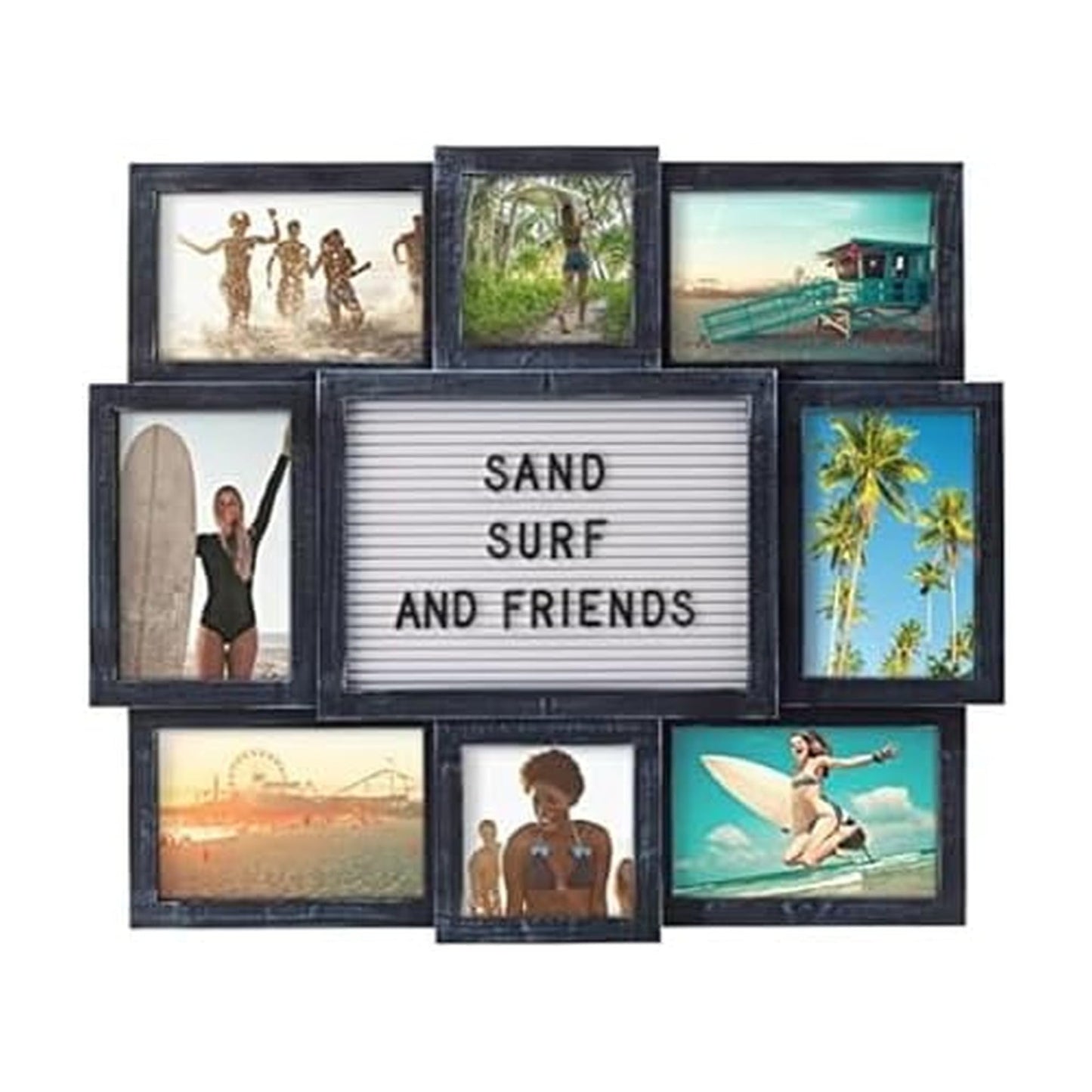 MELANNCO Collage Picture Frame with Letter Board, 8 Opening Photo Display for 4x6 and 4x4 Photos, 19 x 17 Inch Wall Decor with 144 Changeable Letters, Numbers and Symbols, Distressed Black
