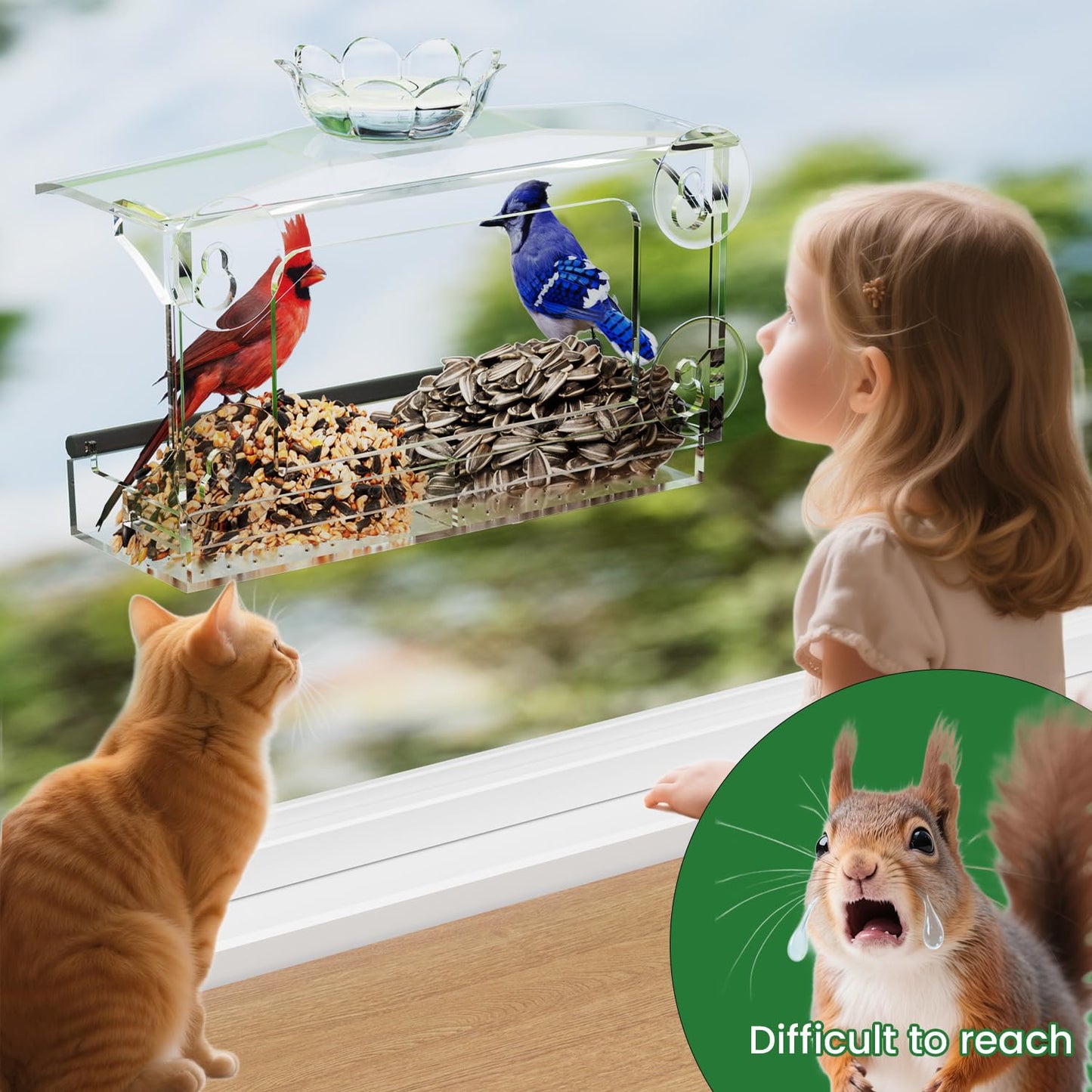 TC-DCDM Window Bird Feeder for Outdoors-Clear Acrylic Window Bird Feeders with Strong Suction Cups and Removable Seed Tray,Transparent Birdhouse for Viewing Wild Birds, Ideal Outside Gardening Gifts