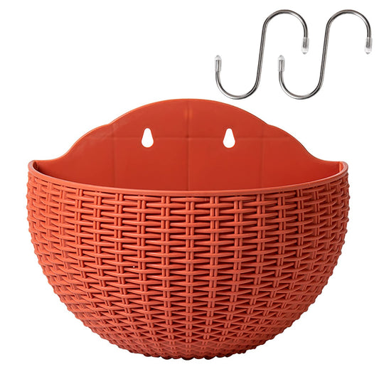 Hanging Planter Pot, Wall and Railing Hanging Planters with S Hooks, Half Round Imitation Rattan European Style Wall Flowerpot Rustic Decorative Flower Basket for Home(#2pcs 26 * 20.5cm Brick red)