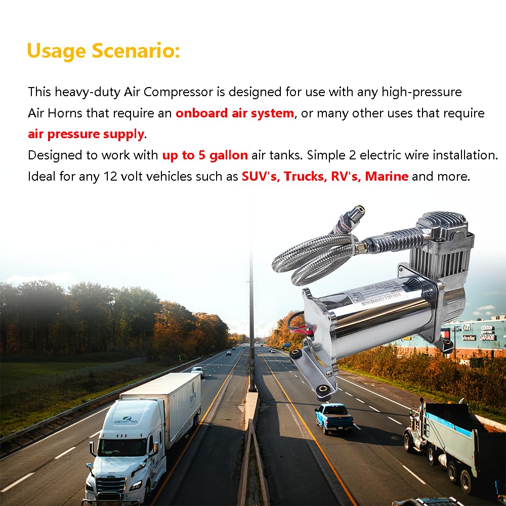 Heavy Duty 12V Air Compressors 200 PSI Onboard | Universal Fit for Truck Car Train Air Horn, Suspension Ride Bag Kit System | Fits All 12V Vehicles like Truck Pickup SUV RV Marine (Single Pack)