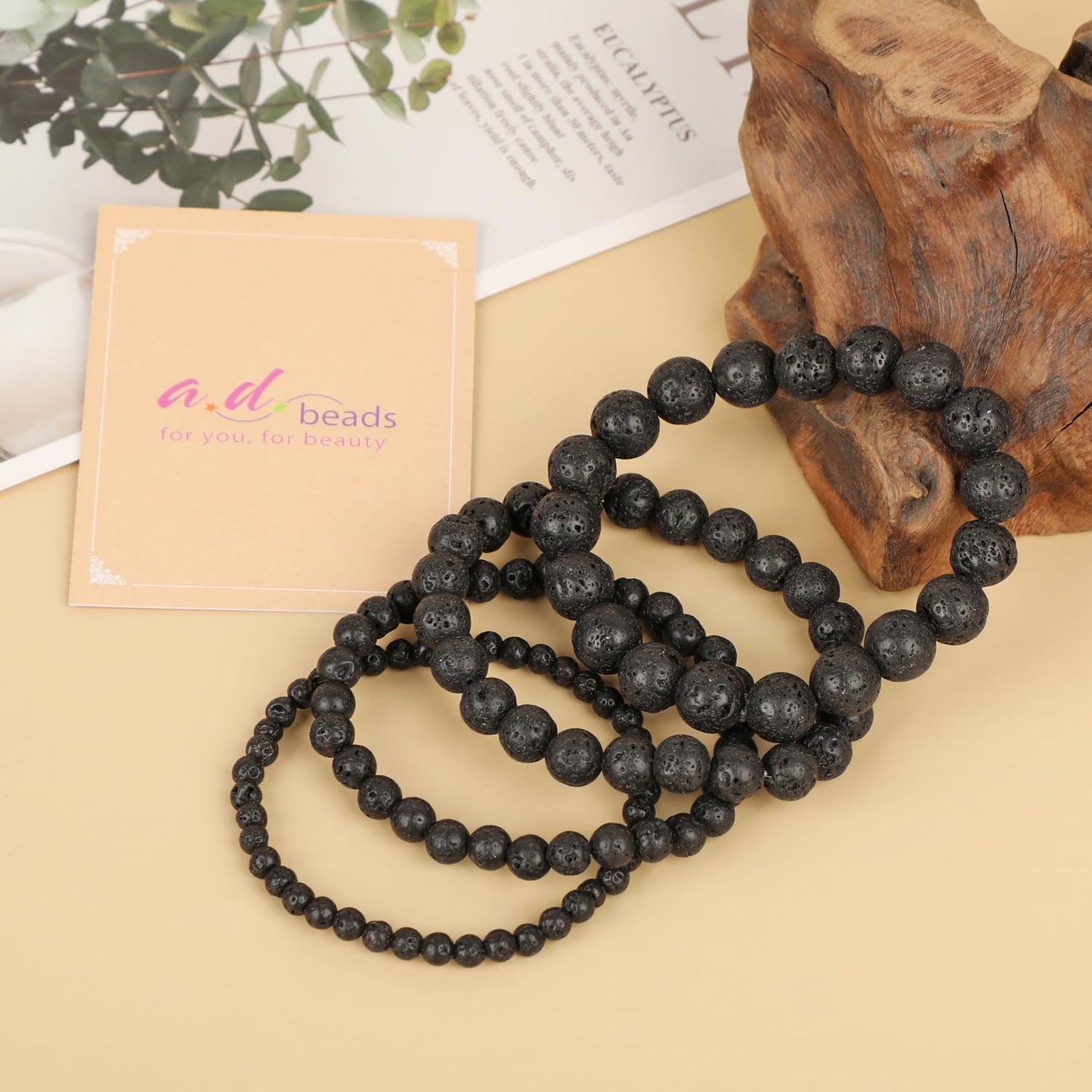 AD Beads Handmade Gemstone Stretch Elastic Bracelet Crystal Healing Reiki Nature's Beauty and Spiritual Essence Unisex (6mm, Black Lava (Warmth Generator))