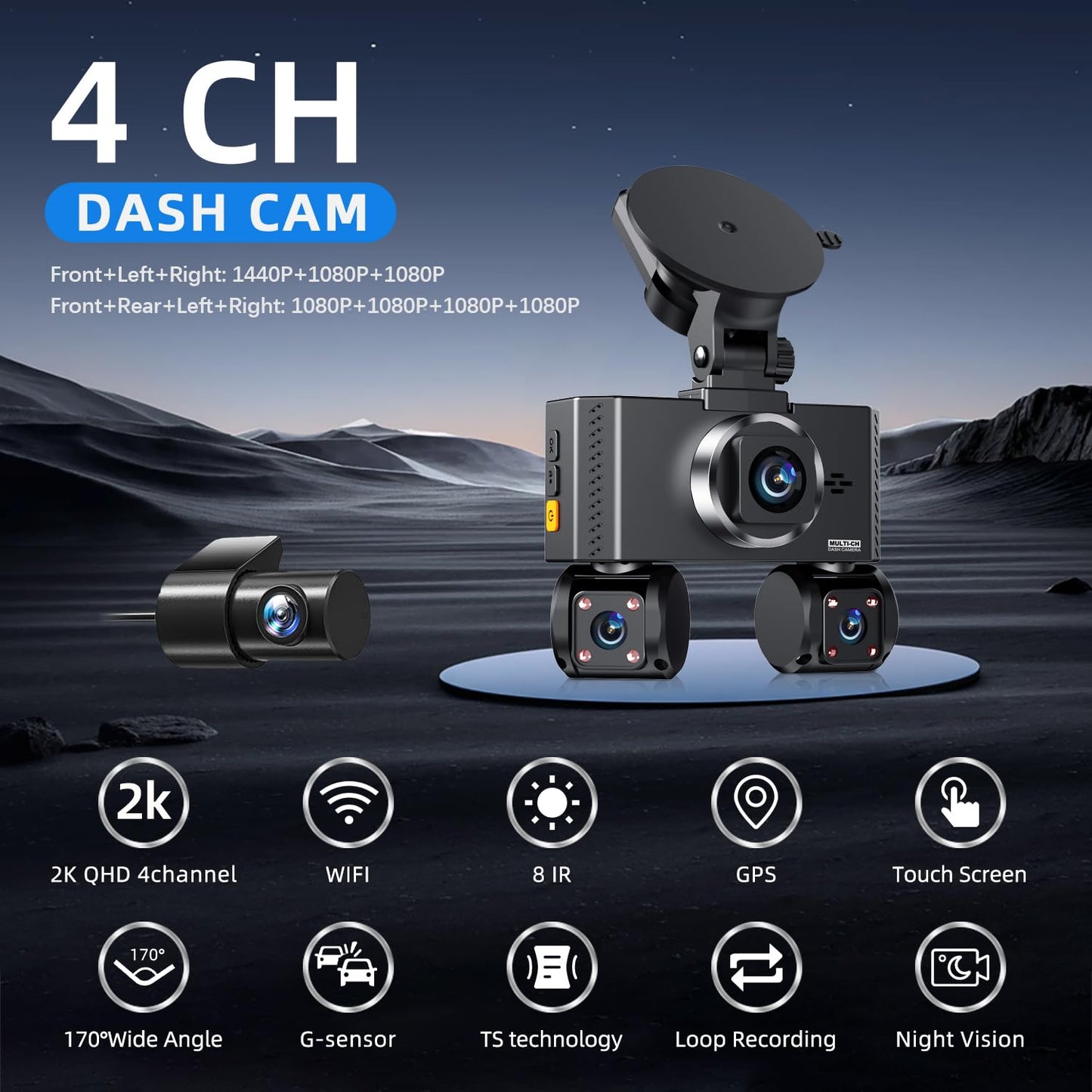 360° View 4 Channel Dash Cam Front and Rear, Dash Camera for Car with 3.16" IPS Touch Screen, 8 IR Night Vision, 5G WiFi&GPS,APP Control, G-Sensor, Loop Recording, Parking Mode, 64GB Card