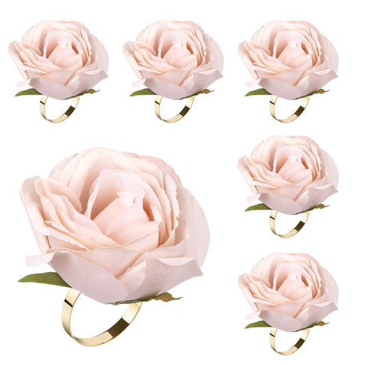 6 PCS Light Khaki Rose Napkin Rings for Wedding Anniversary, Artificial Rose Flower Napkin Rings with Gold Metal Holder Design for Valentine's Day Table Setting Party Supplies(Light Khaki Rose)