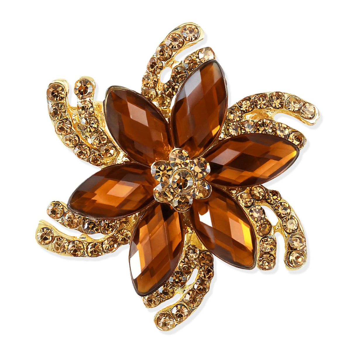 Cotsinyer Vintage Flower Brooch for Women - Elegant Gold-Toned Lapel Pin with Brown Rhinestones & Crystals for Suits, Coats, Dresses, Hats, Scarves and Shawls