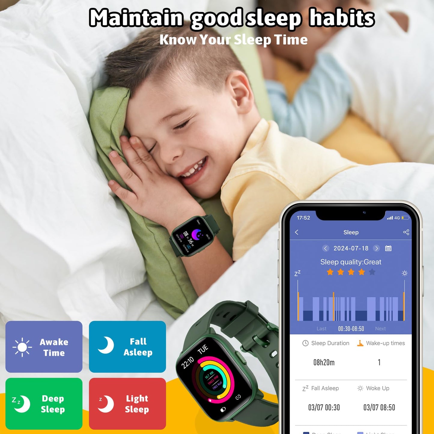 HENGTO SmartWatch for Kids,Kids Watch Girls Boys Watch with 20 Sport Modes, Pedometer, Sleep Monitor, Kids Sport Watches Birthday Gifts Toy Gift for Girls Boys 6-16 (Green)