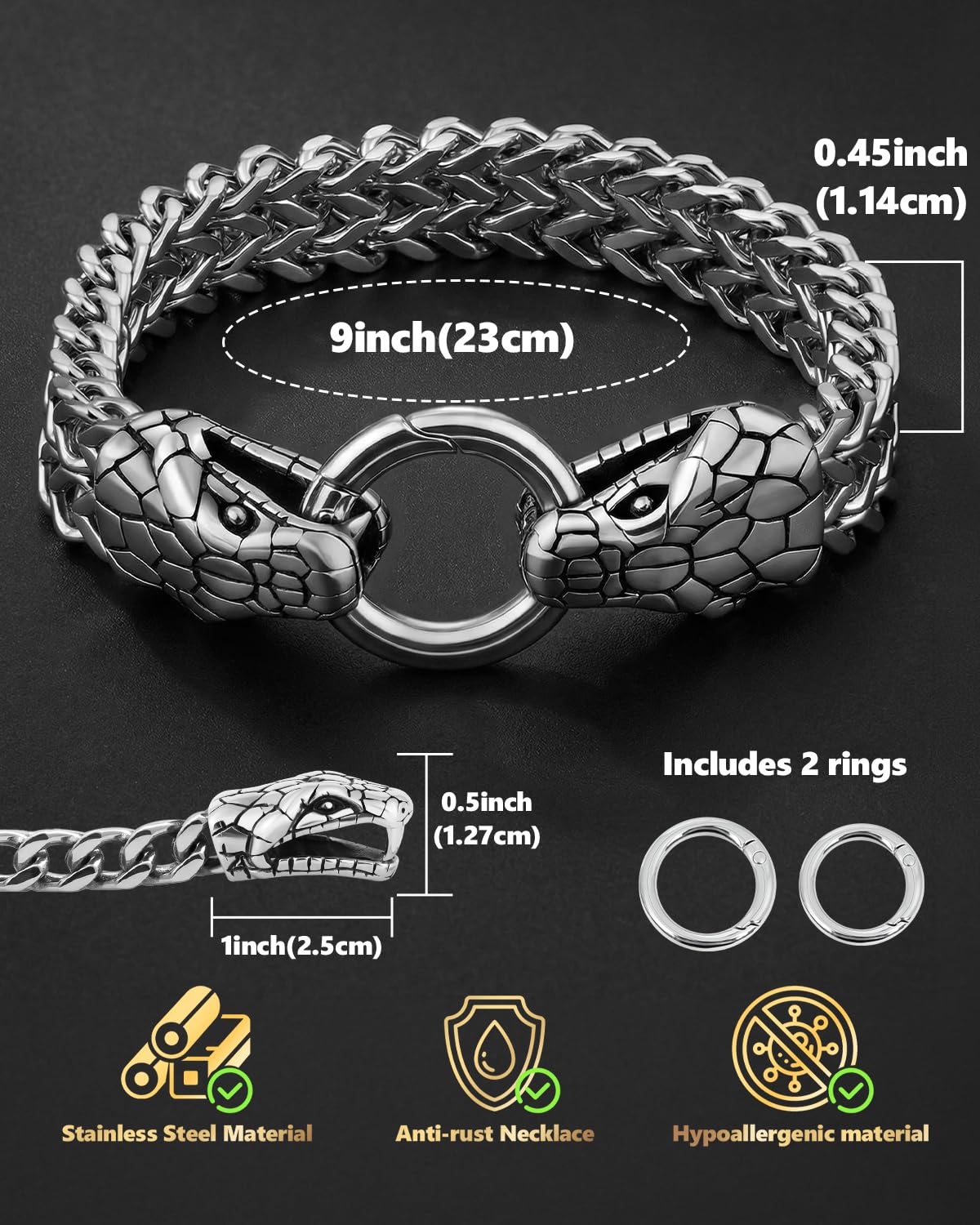 LuxGoth Stainless Steel Double Snake Heads Heavy Cuban Link Chain Bracelet Gothic Punk Rock Biker Vintage Viking Snake Franco Link Curb Bracelet Jewelry for Men Silver GTS-B1B45033