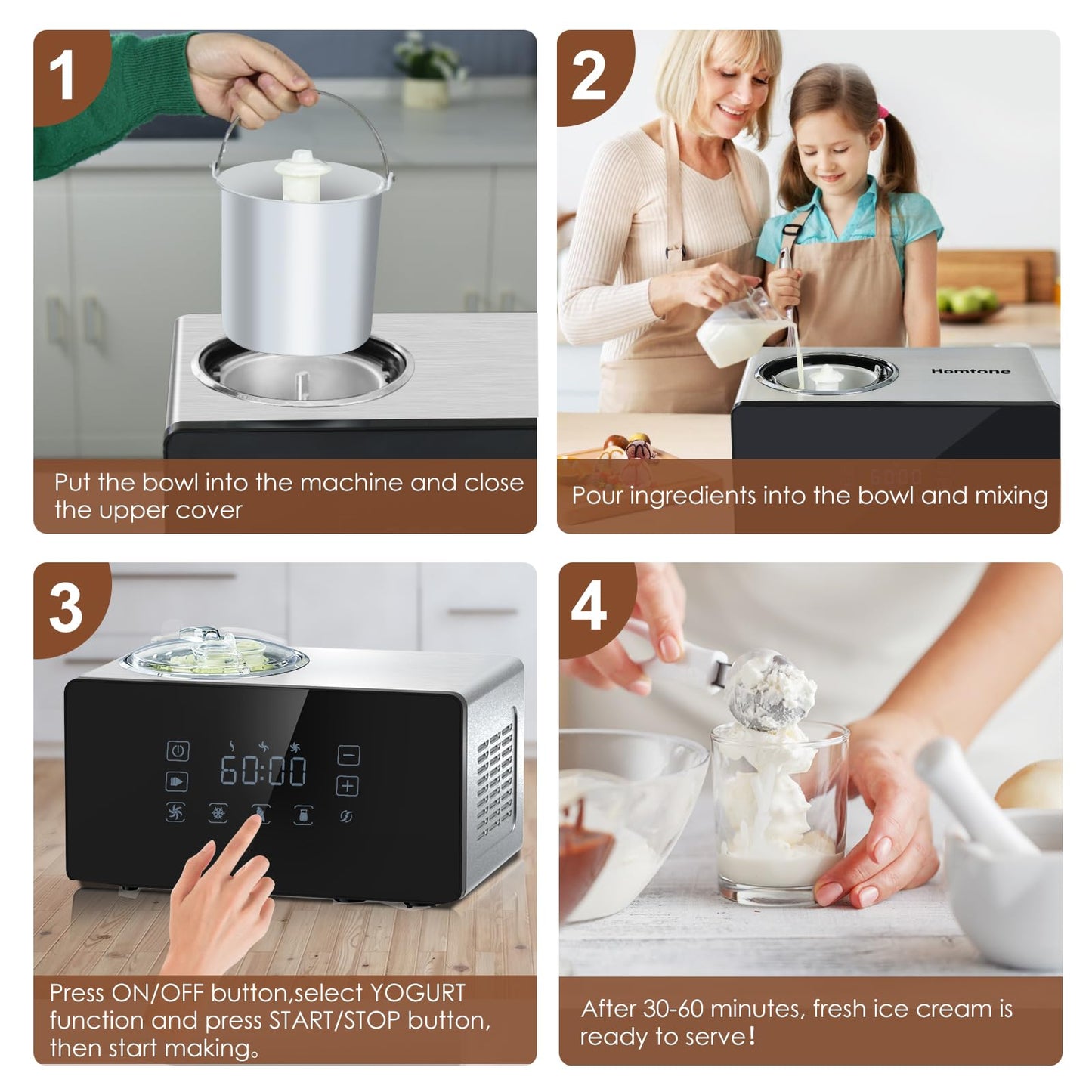 Homtone Ice Cream Maker Fully Automatic with Compressor, 4 Modes, Adjustable softness, Adjusted Speed 1.6 Quart Ice Cream + Yogurt Maker, LCD Touch Screen Homemade Soft & Hard Ice Cream Machine