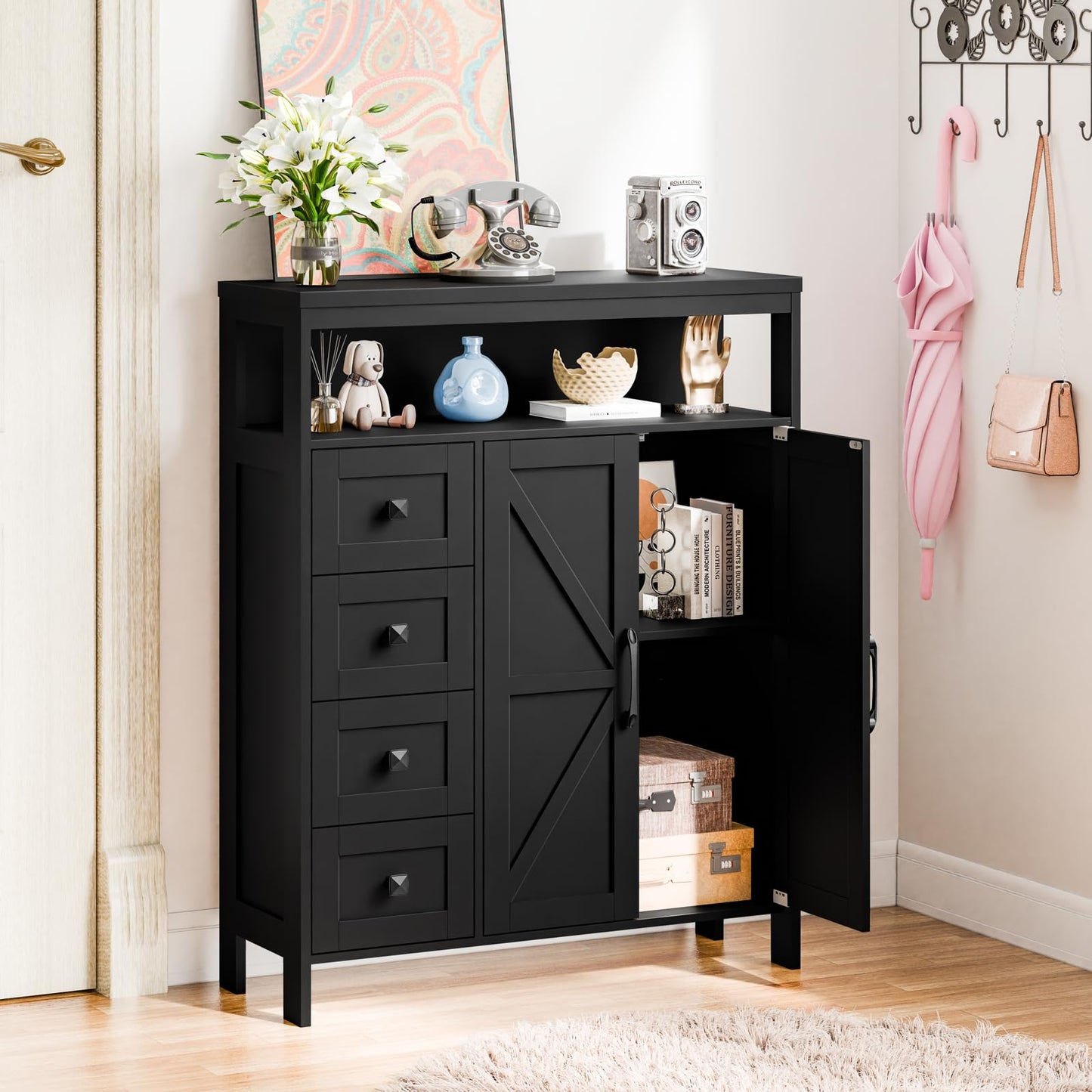 Befrases Farmhouse Storage Cabinet with 2 Doors and 4 Drawers, Freestanding Bathroom Cabinet Kitchen Pantry, Floor Storage Cabinets Hutch Cupboard for Kitchen/Living Room/Bathroom,Pure Black