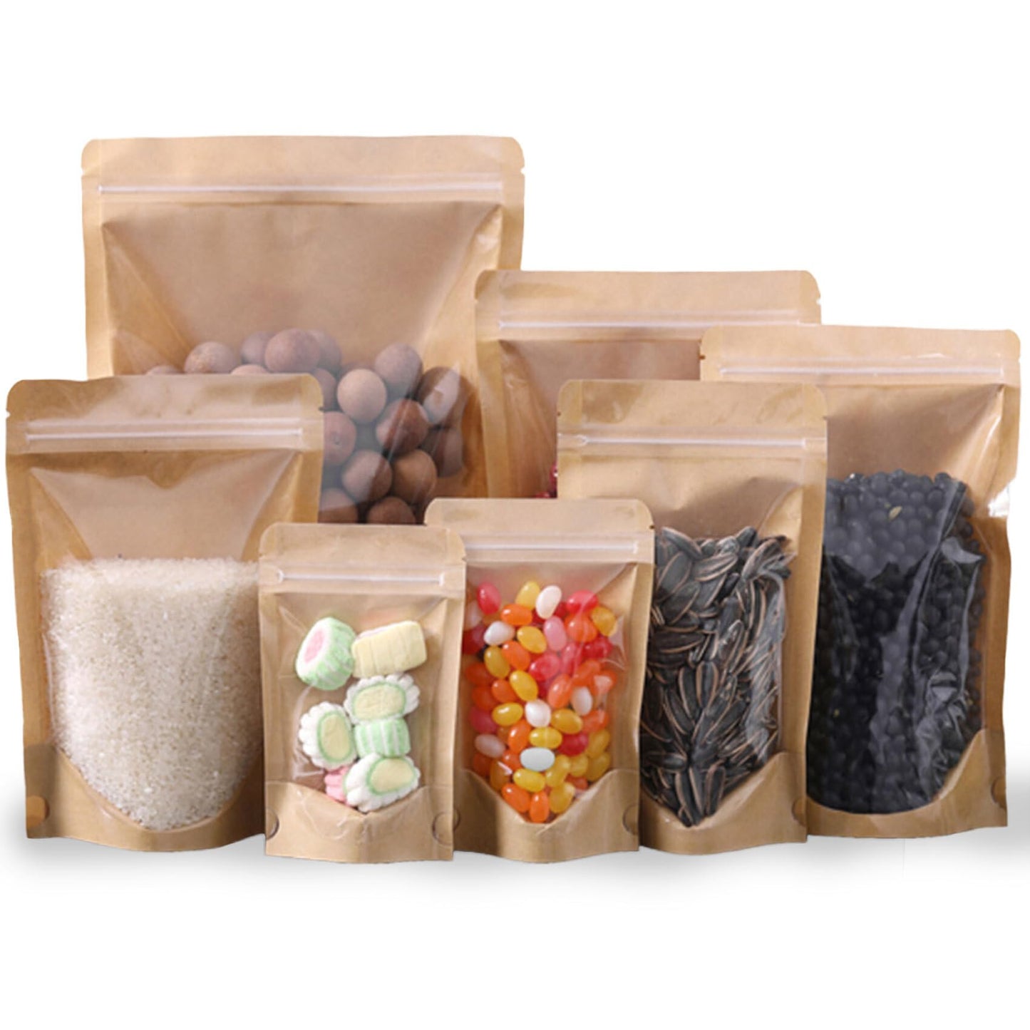 HIBCIGA 50pcs Kraft Bags With Window Clear Fornt Pouches Resealable Stand Up Zip Lock Food Storage Bags Brown 4.7"x7.8"