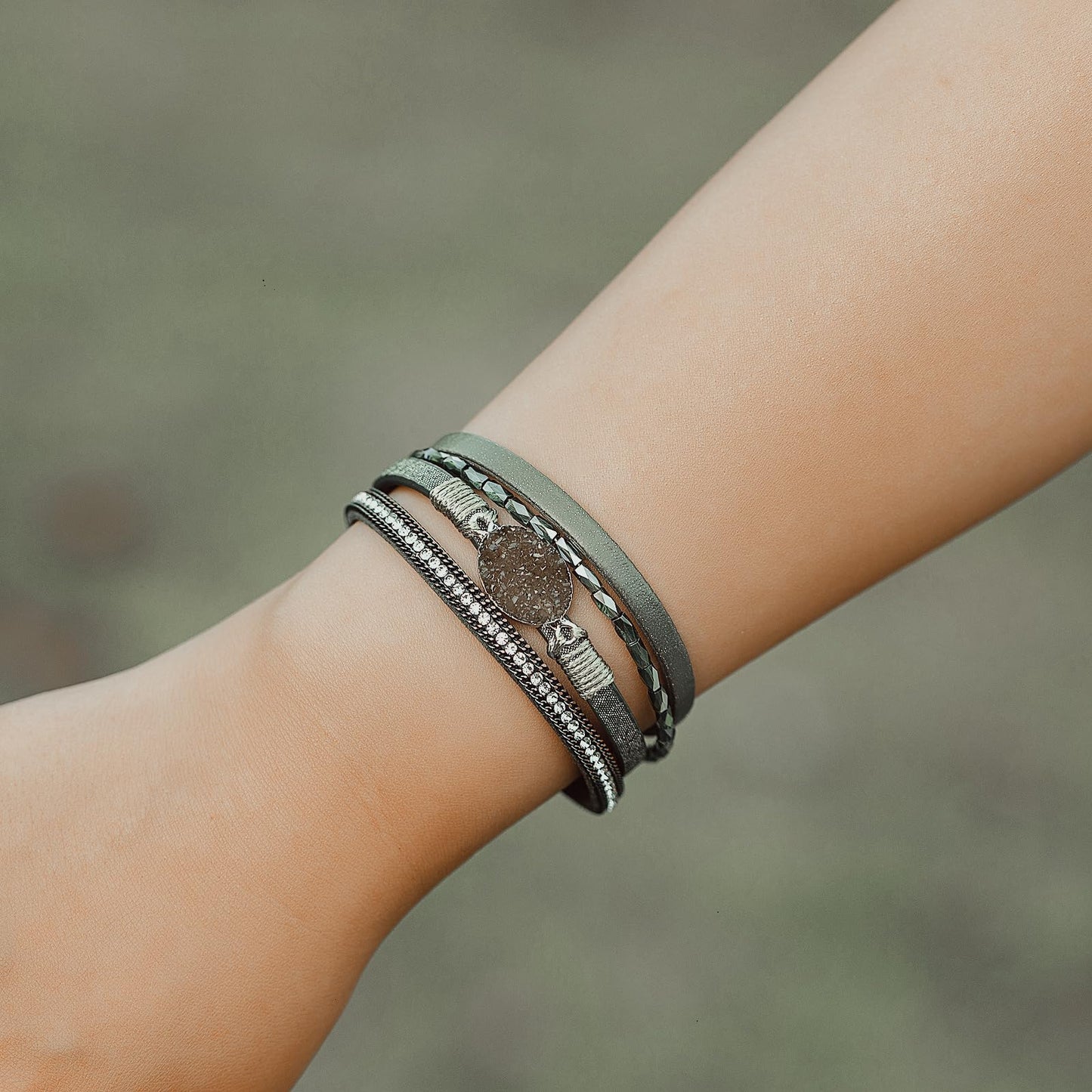 FANCY SHINY Boho Leather Wrap Bracelet Stackable Chunky Crystal Cuff Bracelets with Magnetic Clasp Cowboy Cowgirl Western Summer Beach Outfits Jewelry Gifts for Women (7.7", Green)