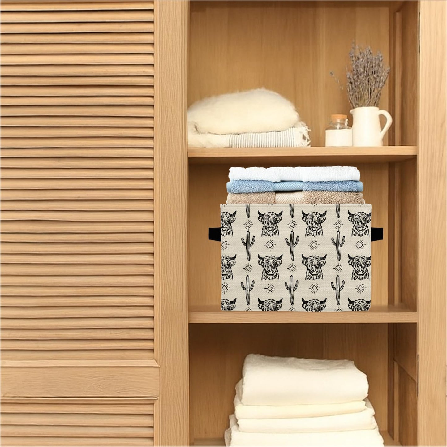 ATBWGT Western Highland Cow Storage Bins Box, Toybox for Boys Girls, Retro Western Cactus Cow Foldable Storage Baskets Organizer for Bedroom Bathroom Kids Room Dorm Clothes Toys Books